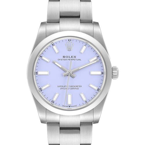 The Rolex Oyster Perpetual M124200-0003 Men's Stainless Steel Purple Dial watch is shown from a front angle, highlighting its bracelet, case, bezel, and dial.