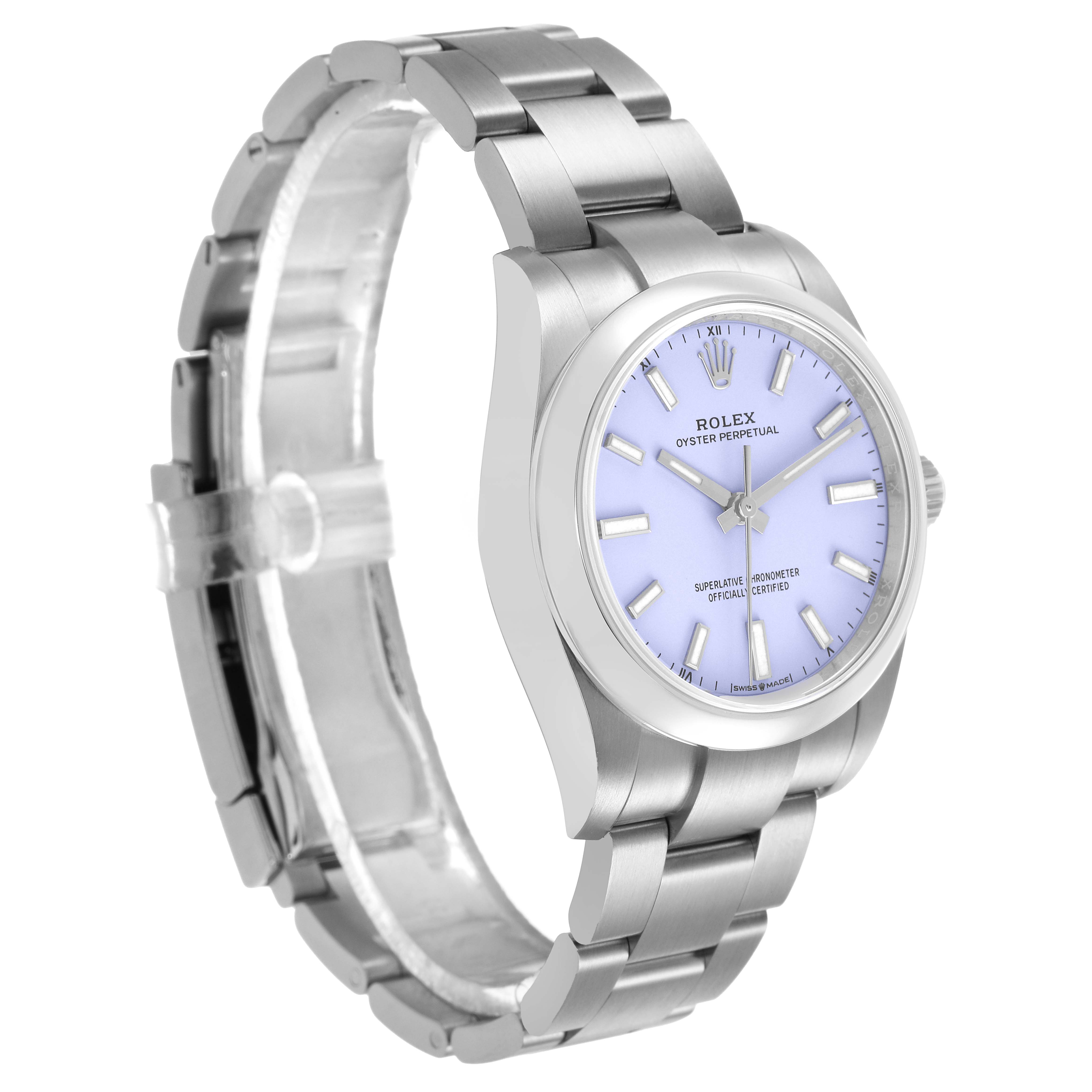 The Rolex Oyster Perpetual M124200-0003 Men's Stainless Steel Purple Dial watch is shown at a slightly tilted side angle, revealing the face, case, and bracelet links.