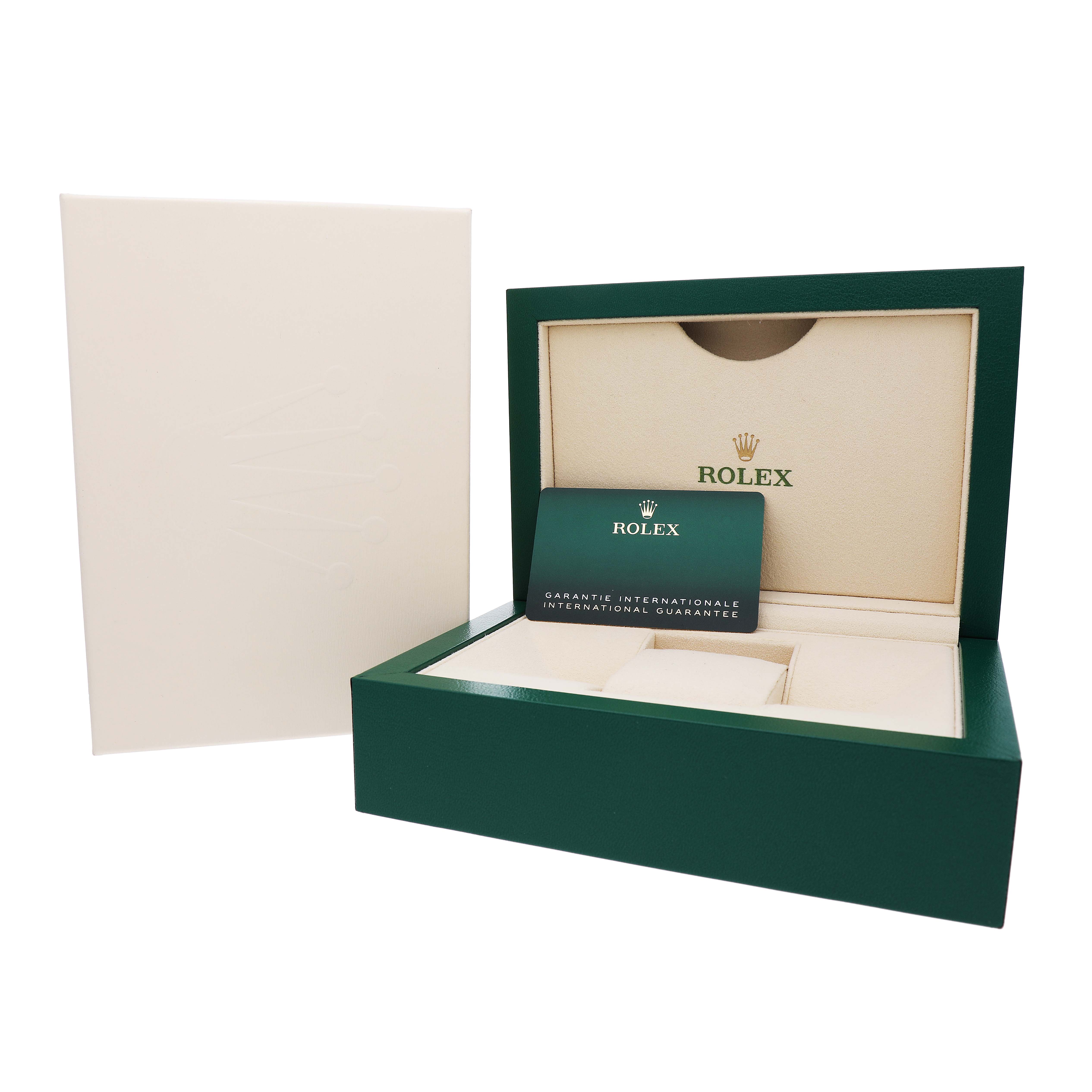The image shows an open Rolex Oyster Perpetual M124200-0003 Men's Stainless Steel Purple Dial box with a warranty card inside, viewed from the front.