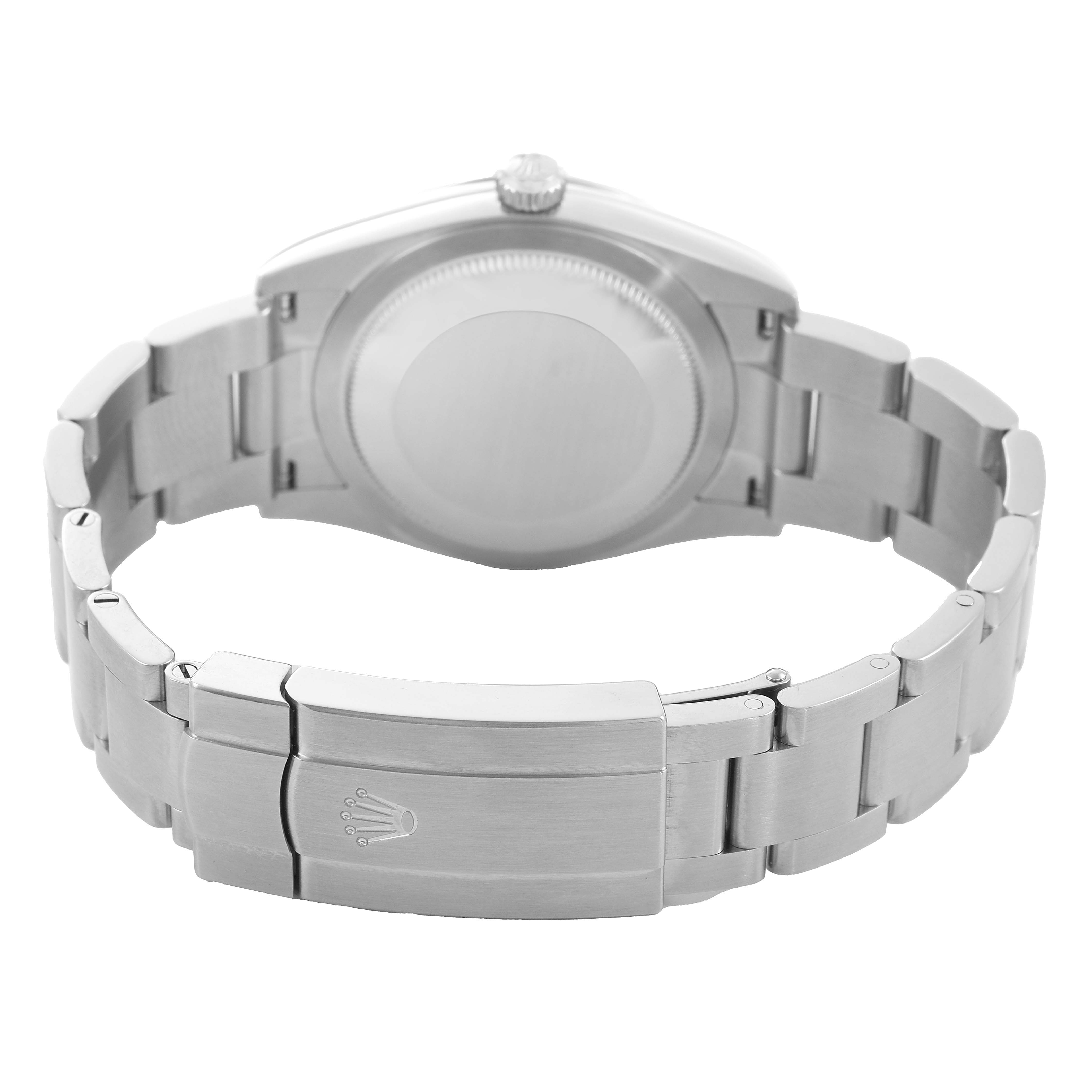 The image shows the back view of a Rolex Oyster Perpetual M124200-0003 Men's Stainless Steel Purple Dial watch, highlighting its clasp, bracelet, and case back.