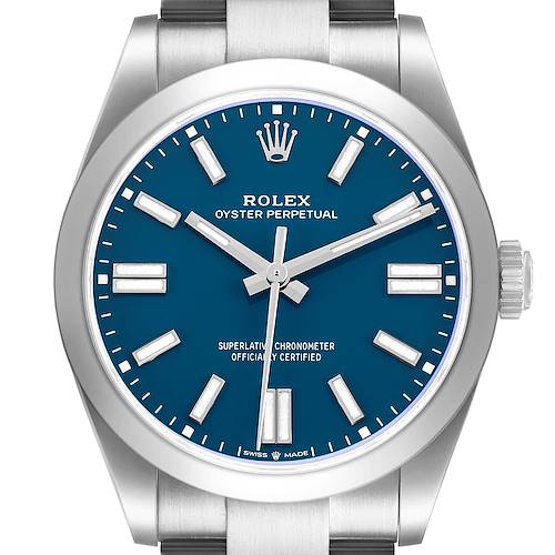 The Rolex Oyster Perpetual 134300 Men's Stainless Steel Blue Dial watch is shown from the front, highlighting its blue dial, hour markers, and oyster bracelet.
