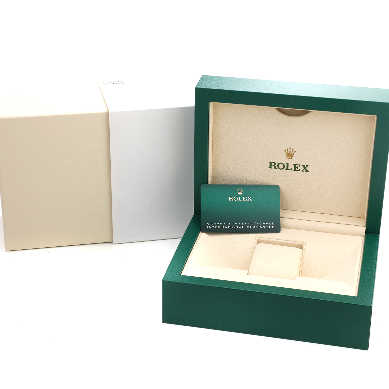 The image shows an open Rolex Oyster Perpetual 134300 Men's Stainless Steel Blue Dial watch box at an angle, highlighting the interior and guarantee card.