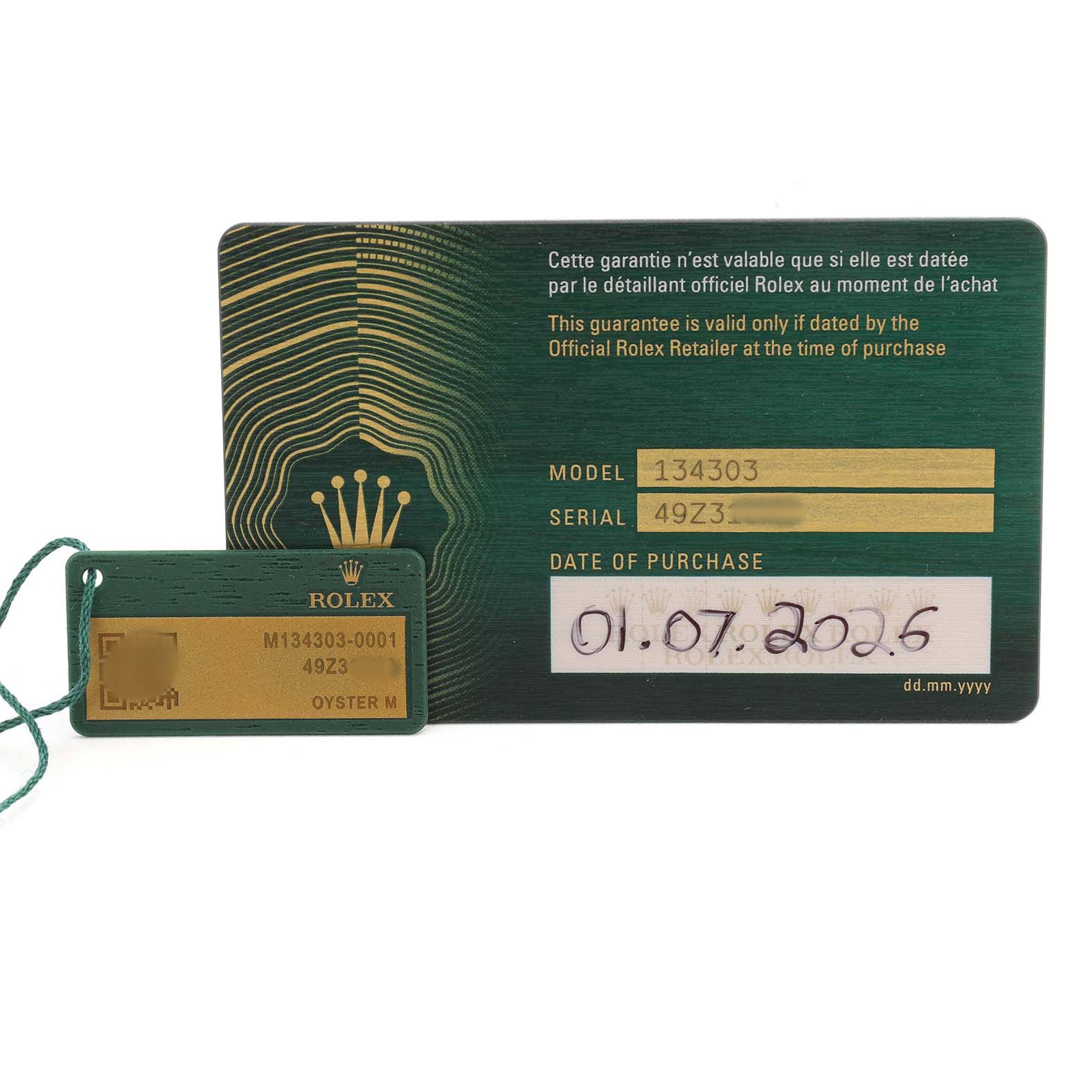 The image shows a Rolex Oyster Perpetual 134303 Men's Stainless Steel Grey Dial warranty card and tag, with details like model, serial number, and purchase date.