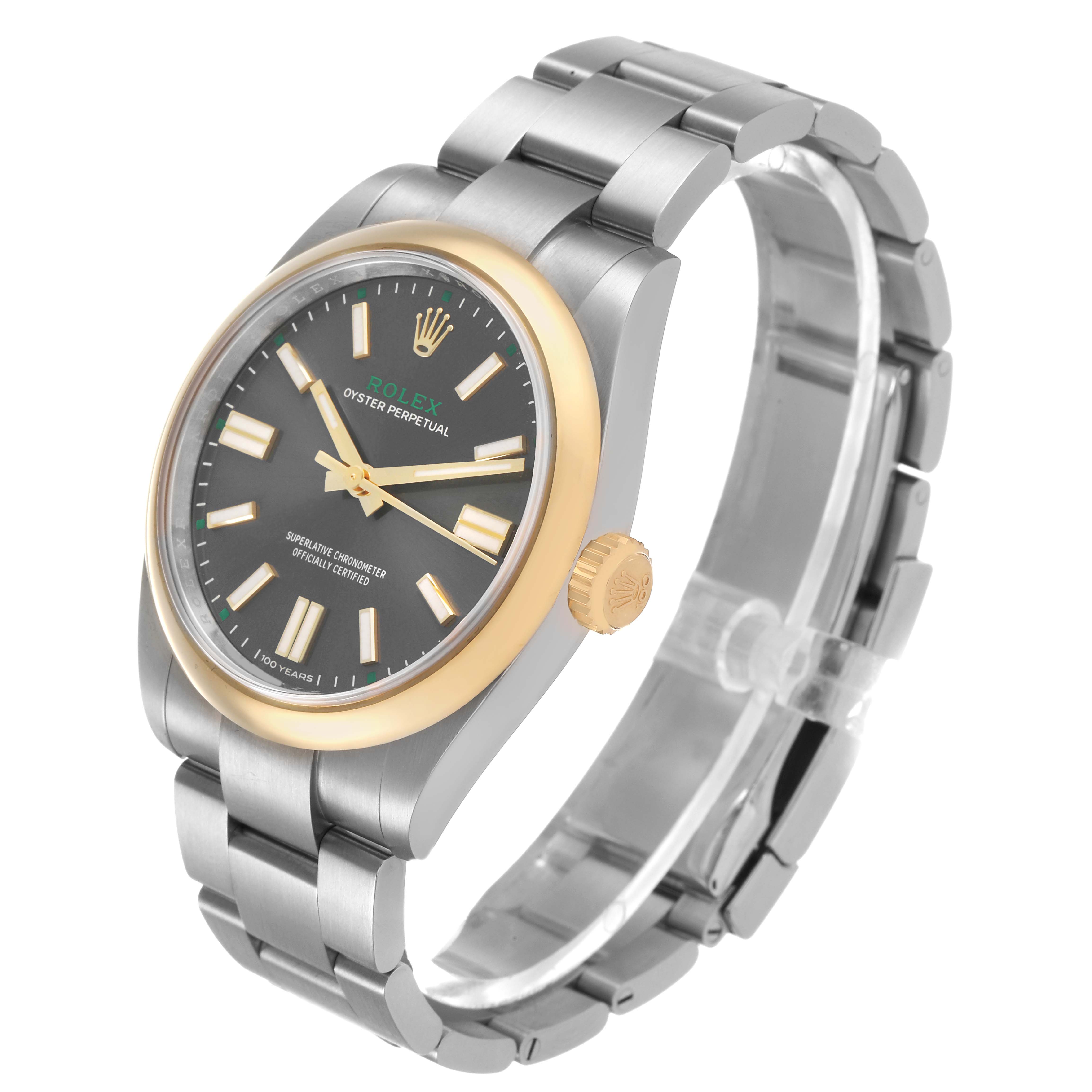 The Rolex Oyster Perpetual 134303 Men's Stainless Steel Grey Dial watch is shown at an angled side view, highlighting its face, bezel, crown, and bracelet.