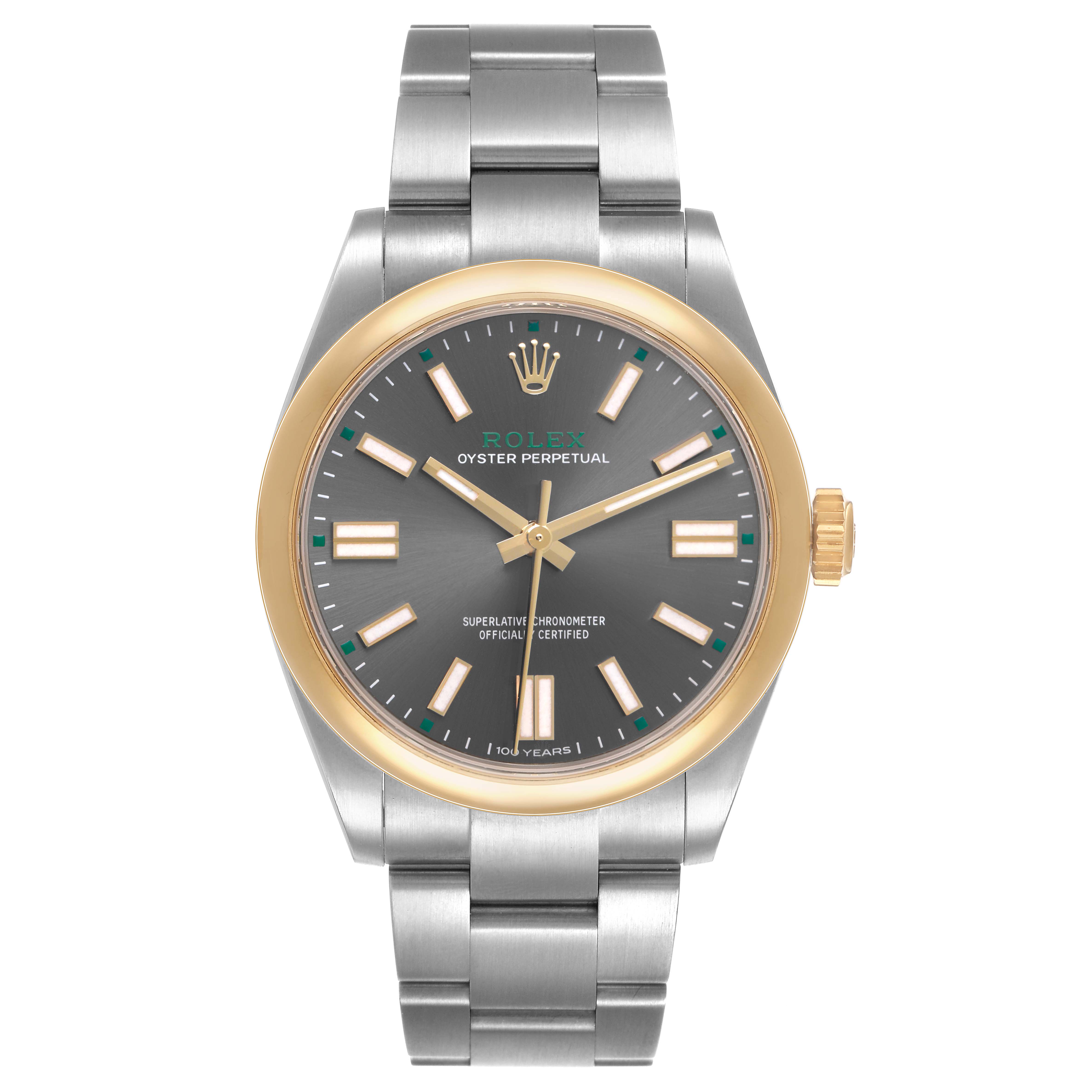 The Rolex Oyster Perpetual 134303 Men's Stainless Steel Grey Dial watch is shown from the front, highlighting its dial, bezel, and bracelet.