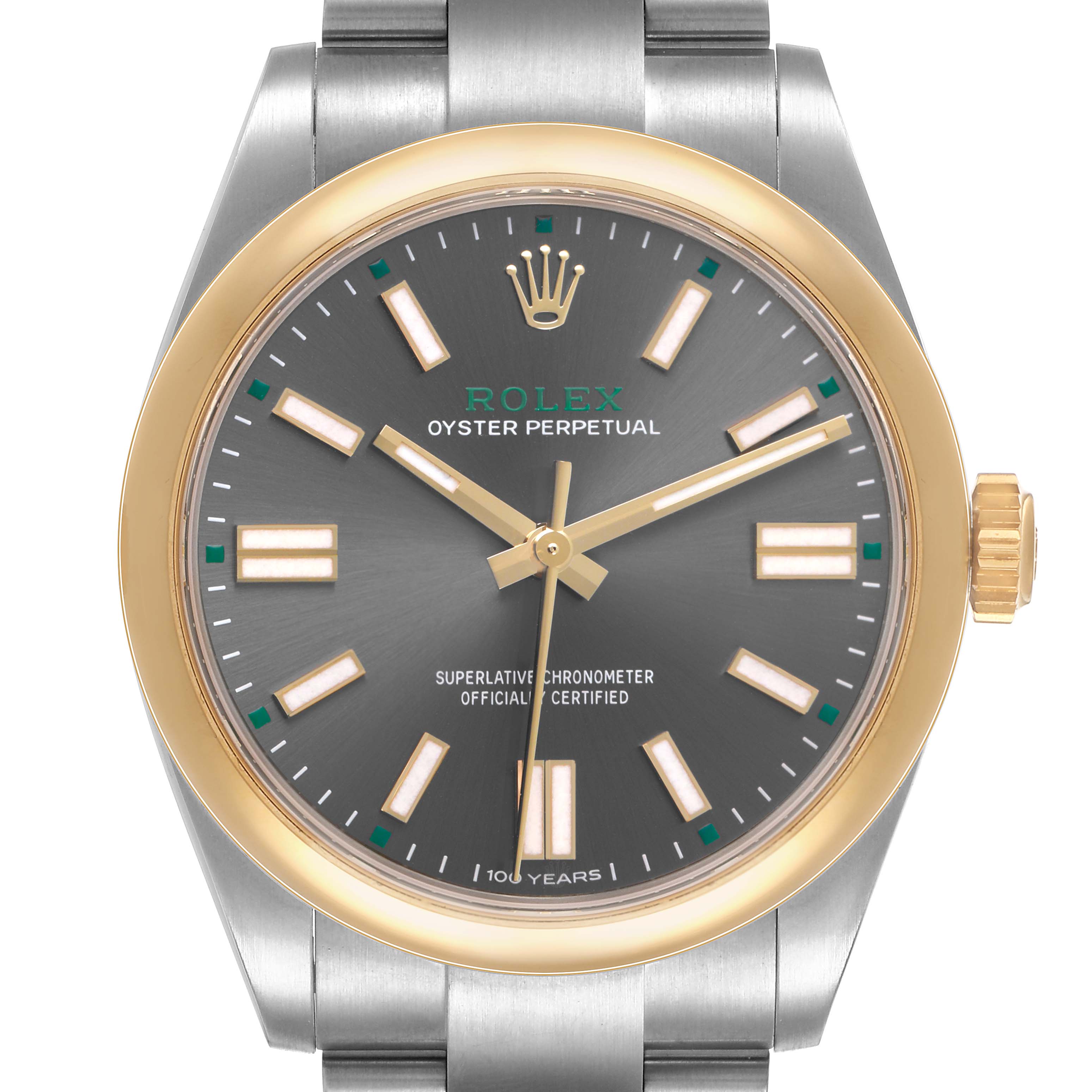 The Rolex Oyster Perpetual 134303 Men's Stainless Steel Grey Dial watch is shown from the front, highlighting the dial, hands, indices, bezel, and crown.