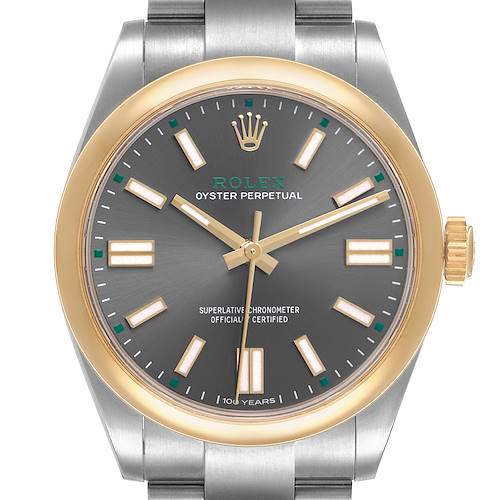 The Rolex Oyster Perpetual 134303 Men's Stainless Steel Grey Dial watch is shown from a top-down angle, highlighting the face, bezel, crown, and part of the bracelet.