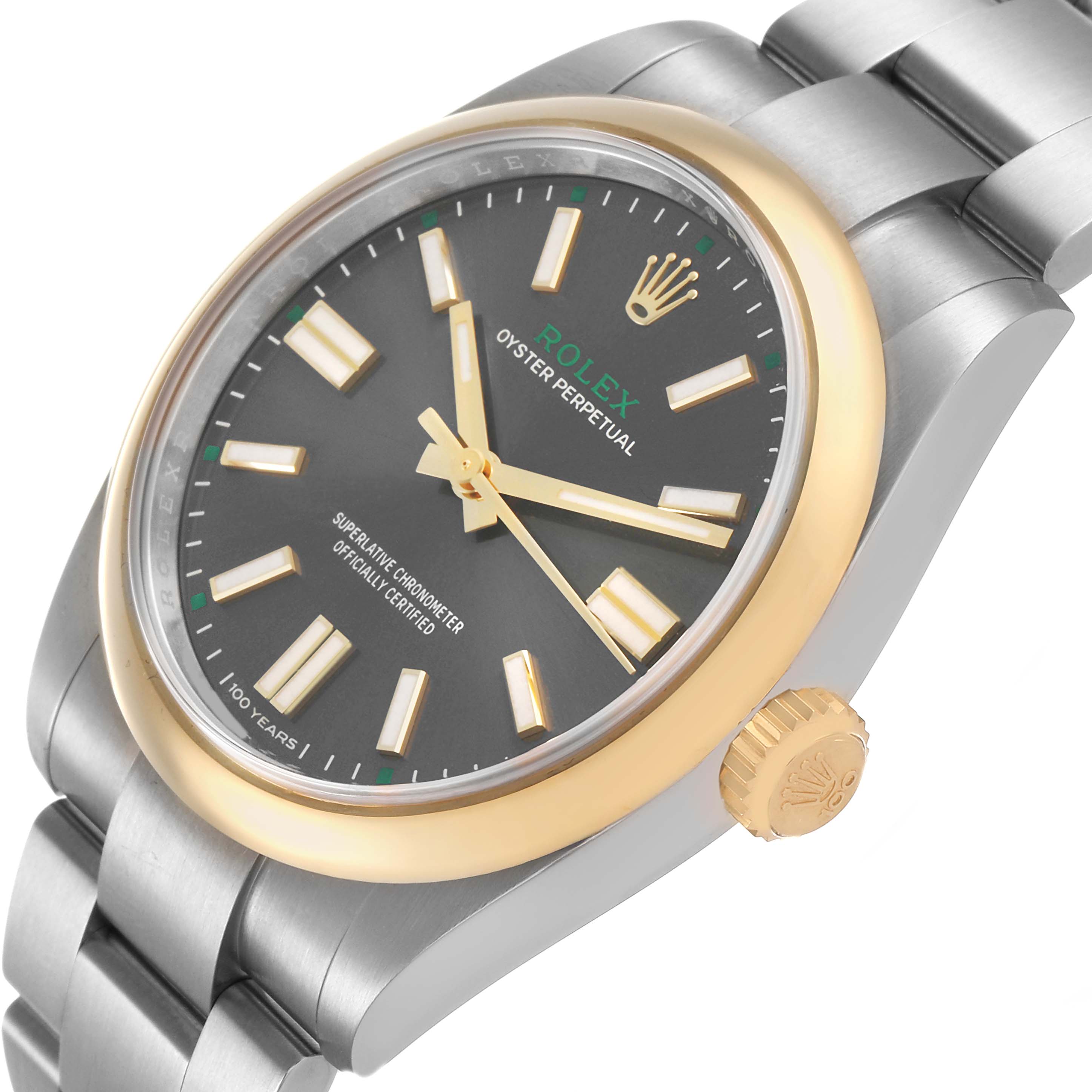 The Rolex Oyster Perpetual 134303 Men's Stainless Steel Grey Dial watch is shown at an angled view, highlighting the face, bezel, and part of the bracelet.