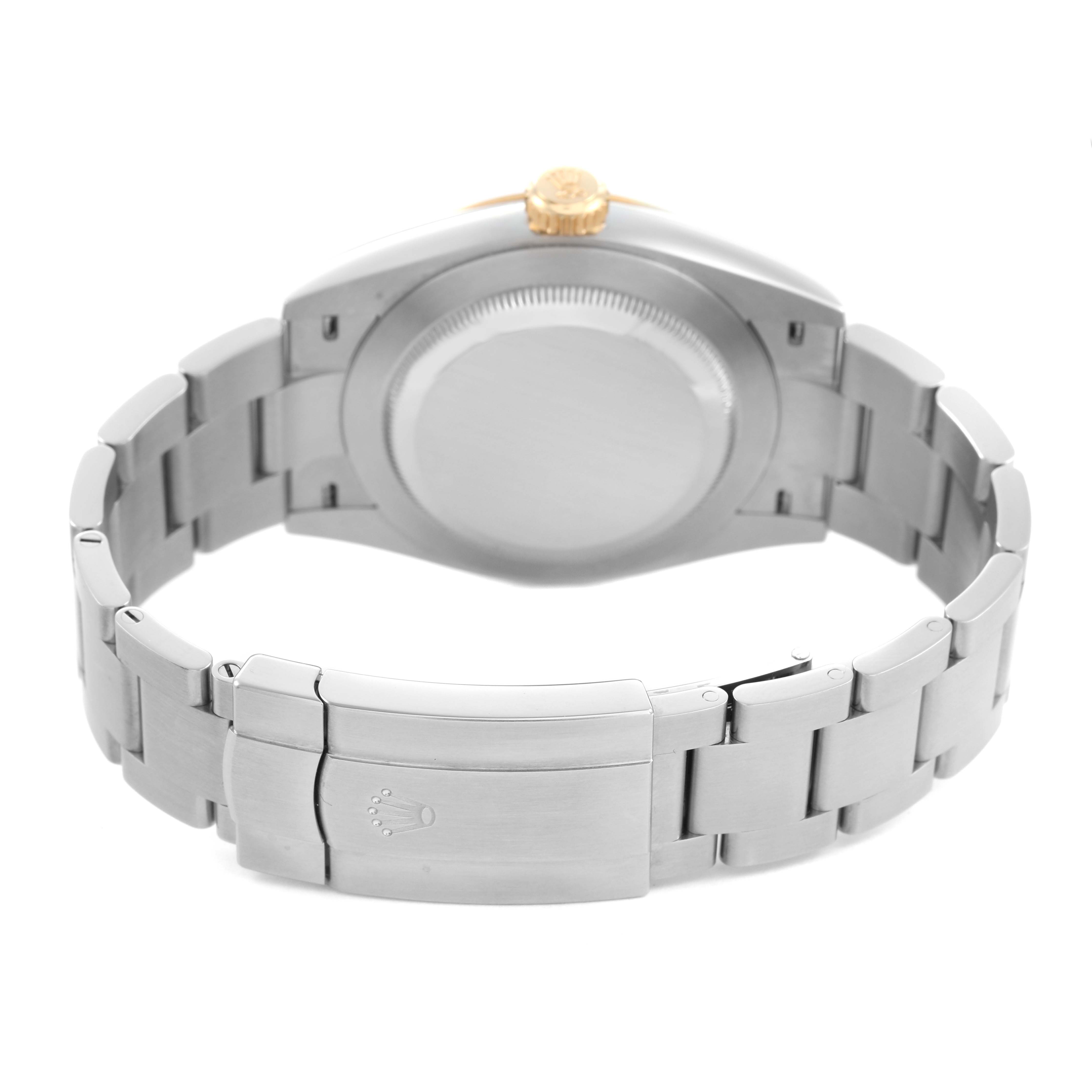 The image shows the back view of a Rolex Oyster Perpetual 134303 Men's Stainless Steel Grey Dial, highlighting the case back and metal bracelet with clasp.