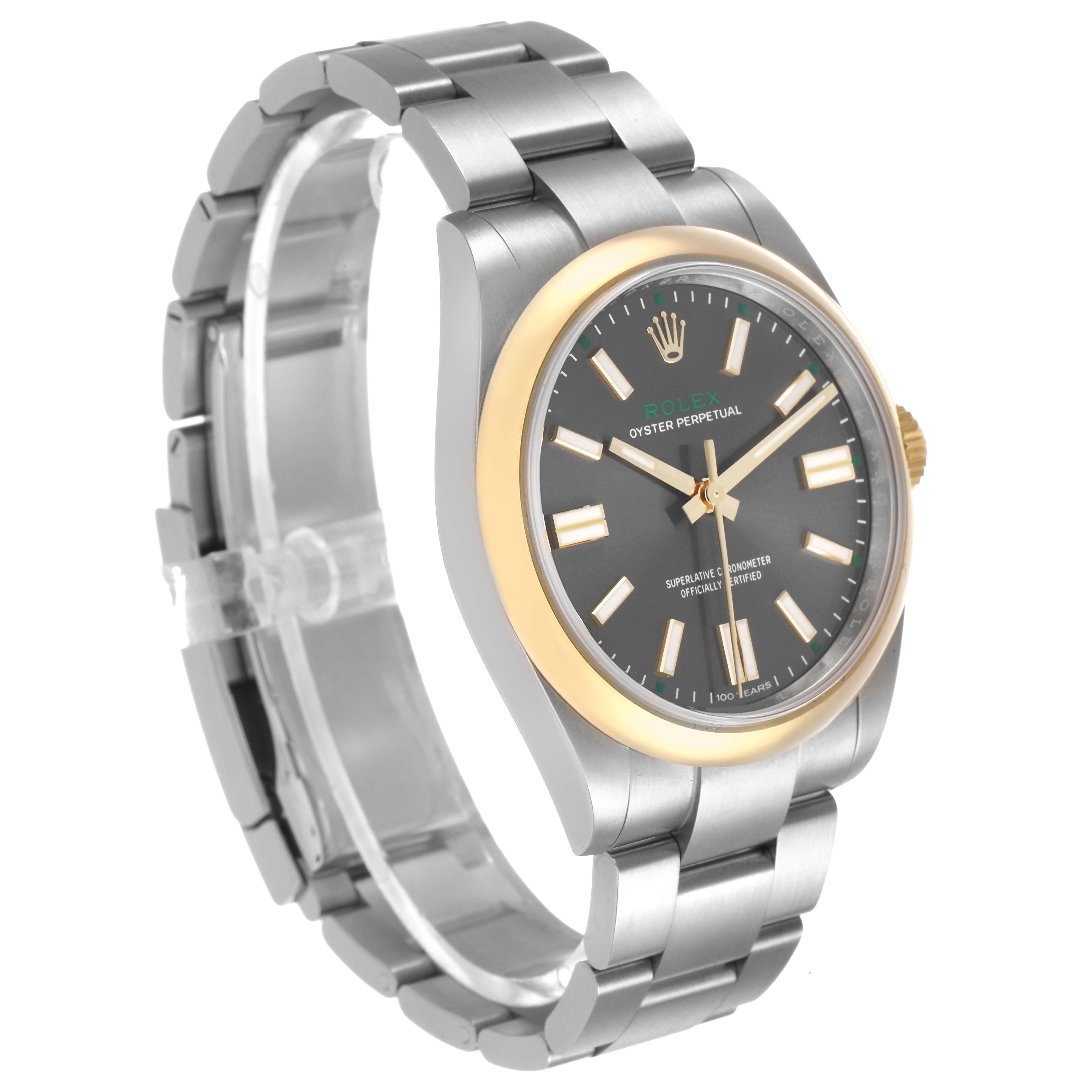 The Rolex Oyster Perpetual 134303 Men's Stainless Steel Grey Dial watch is shown at an angled side view, highlighting the dial, bezel, and bracelet.