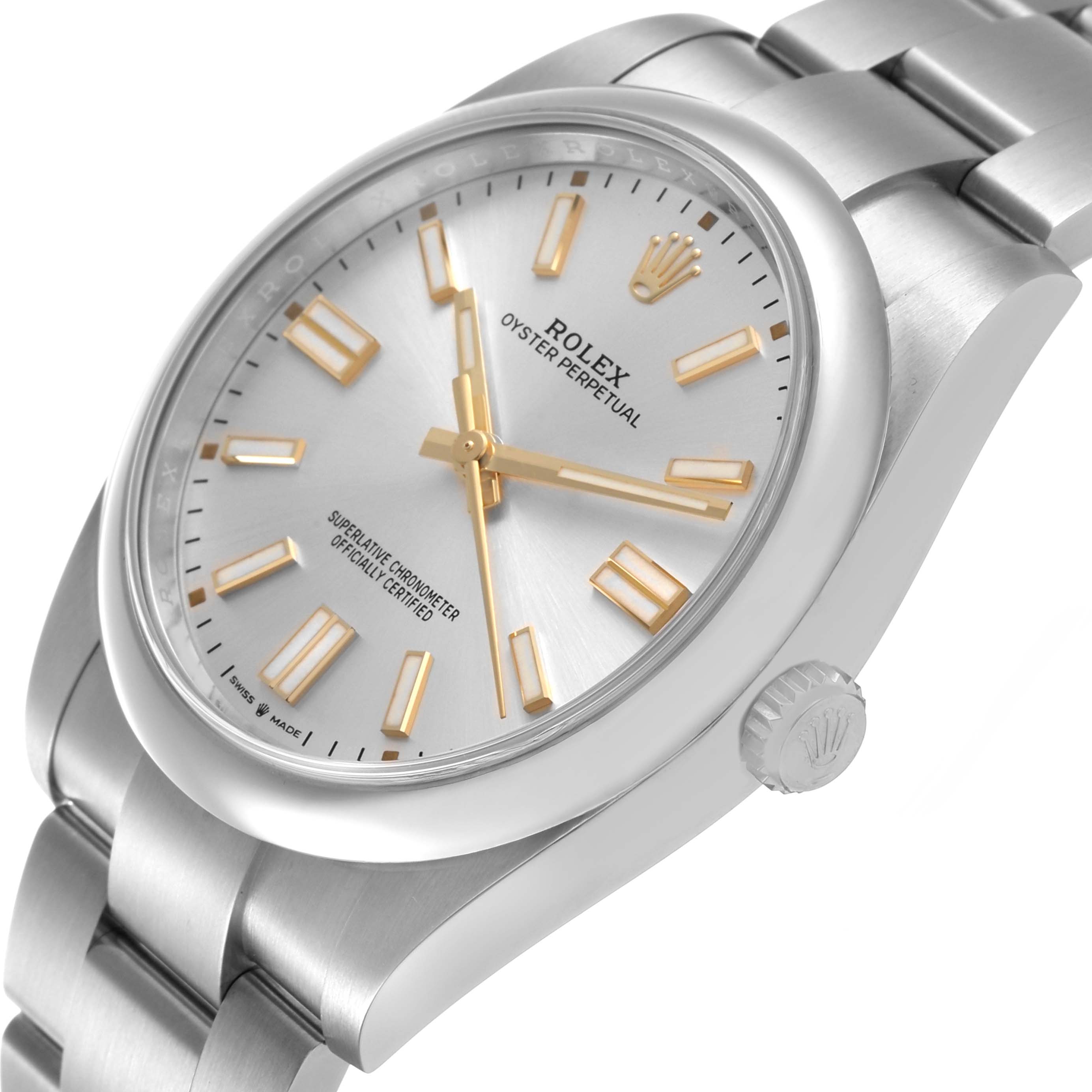 The Rolex Oyster Perpetual 124300 Men's Stainless Steel Silver Dial watch is shown at an angled view, highlighting the face, bezel, crown, and part of the bracelet.