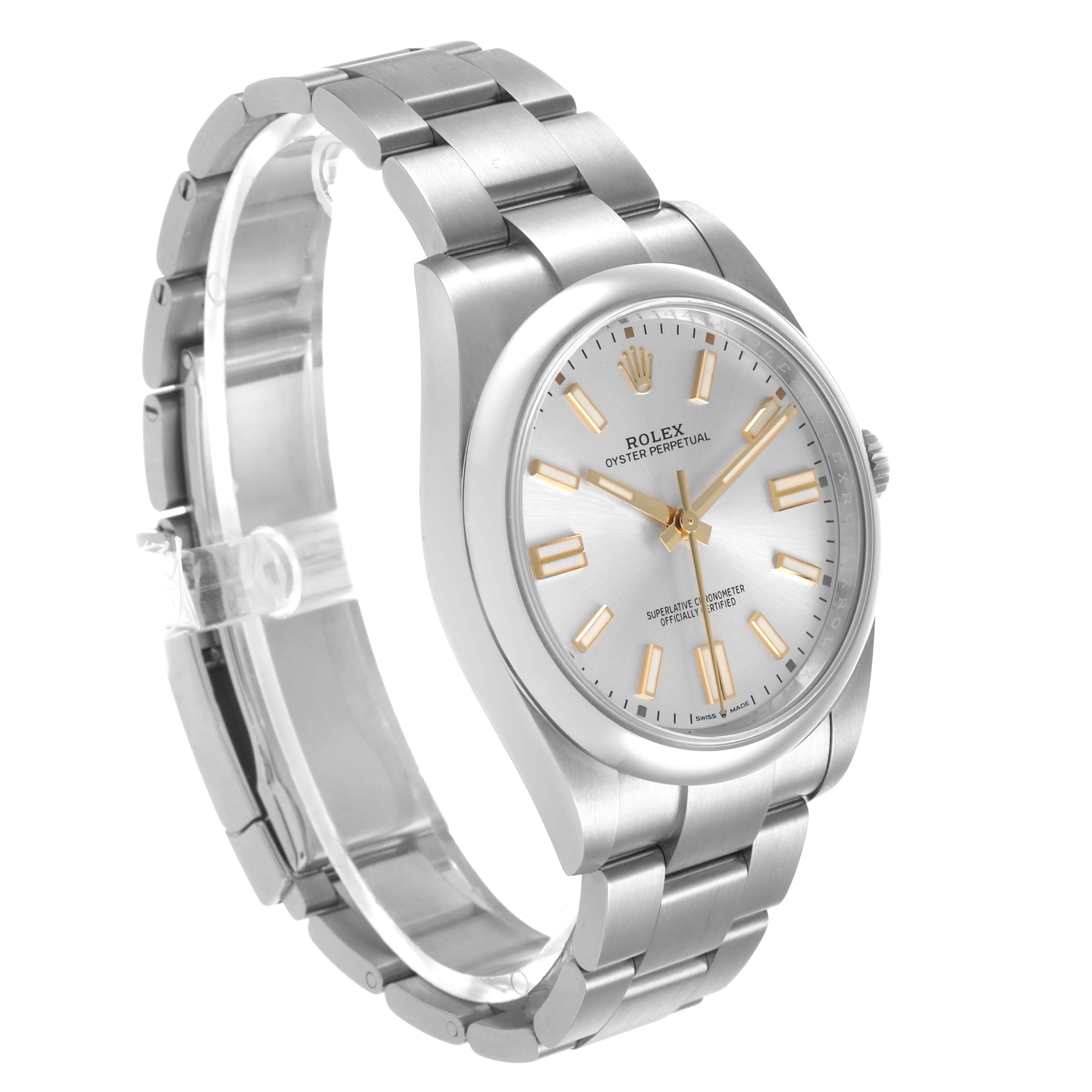 The Rolex Oyster Perpetual 124300 Men's Stainless Steel Silver Dial watch is shown at a three-quarter angle, highlighting the face, bezel, and bracelet.