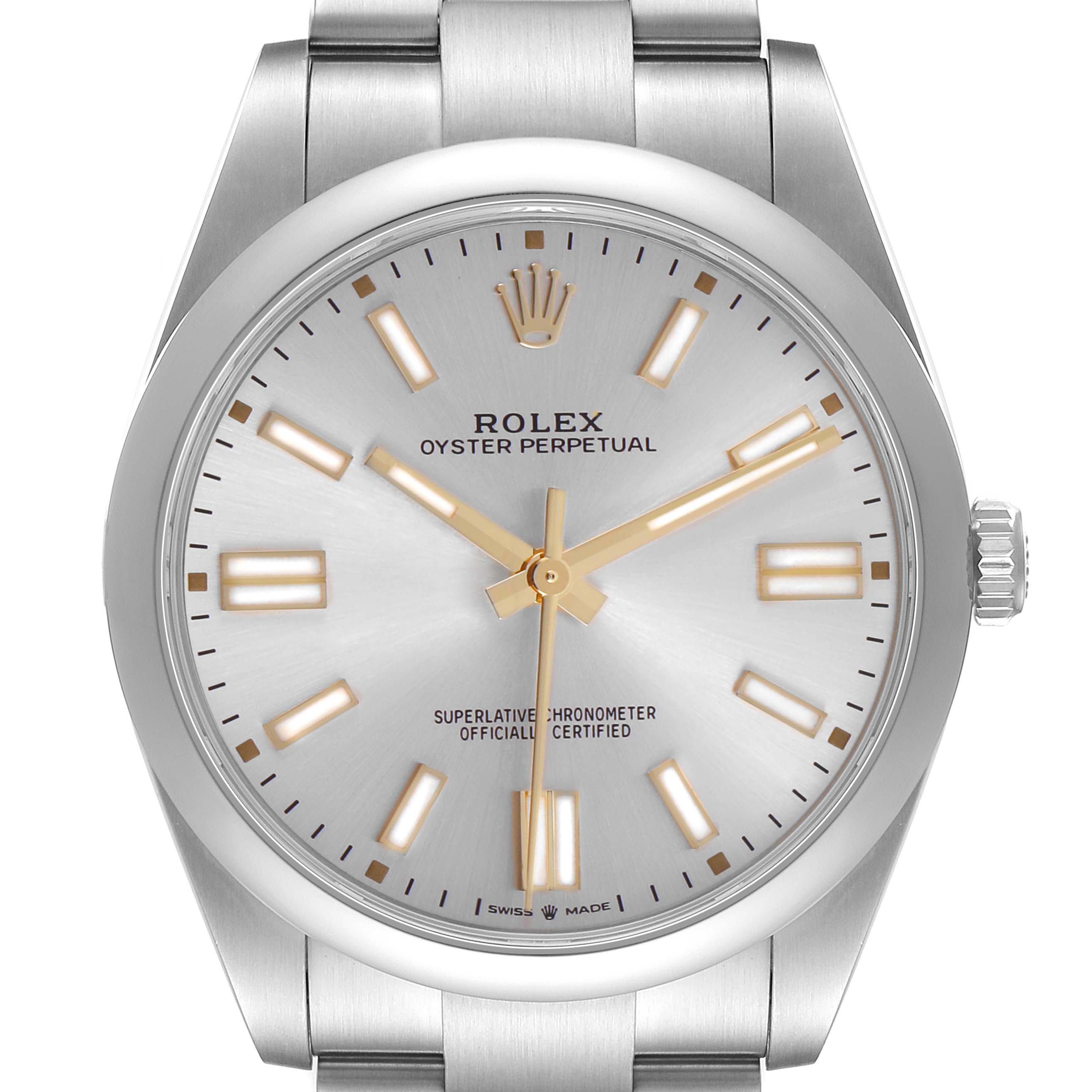 The Rolex Oyster Perpetual 124300 Men's Stainless Steel Silver Dial watch is shown from a front angle, highlighting the dial, crown, and part of the bracelet.