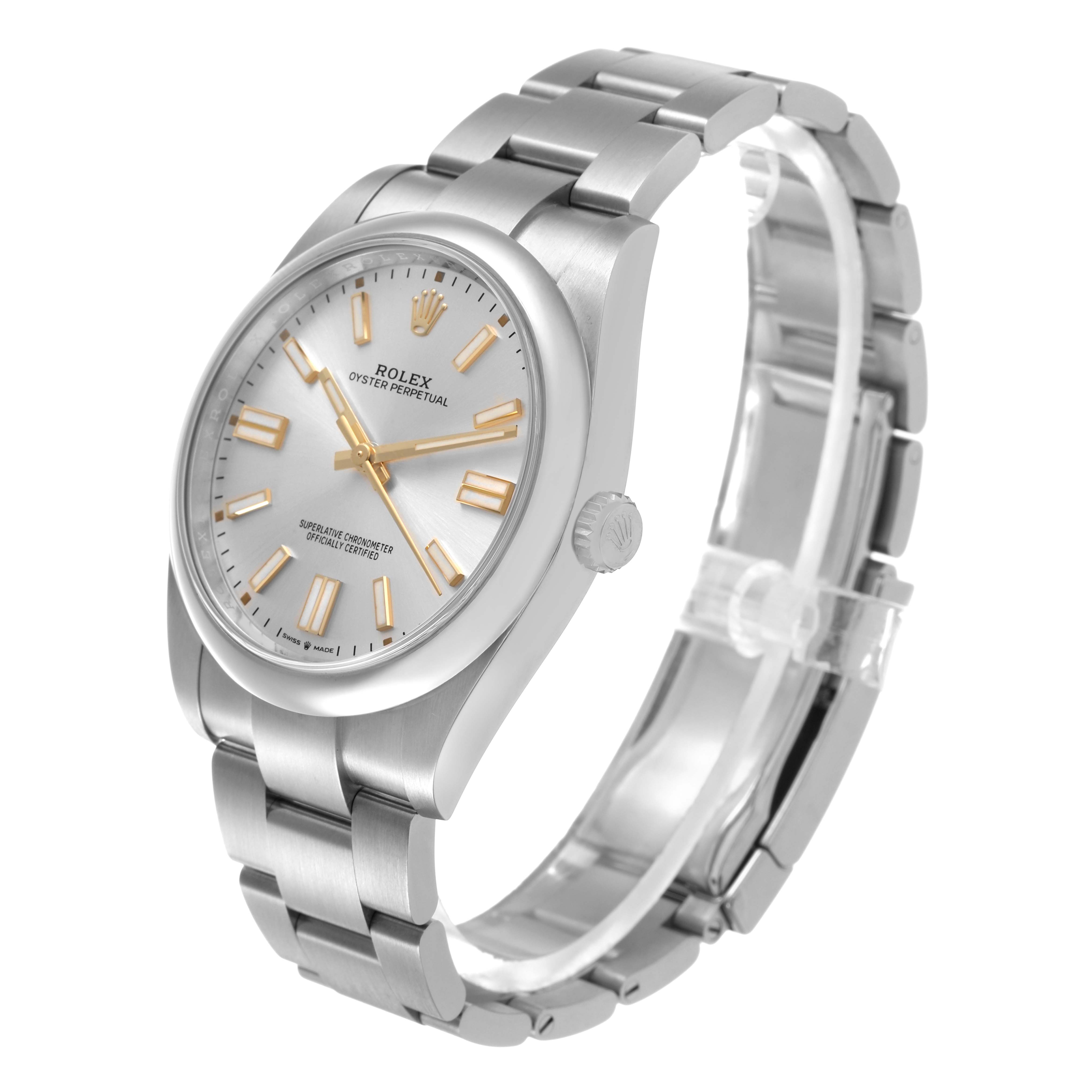 The Rolex Oyster Perpetual 124300 Men's Stainless Steel Silver Dial watch is shown at a three-quarter angle, displaying the face, crown, and bracelet links.