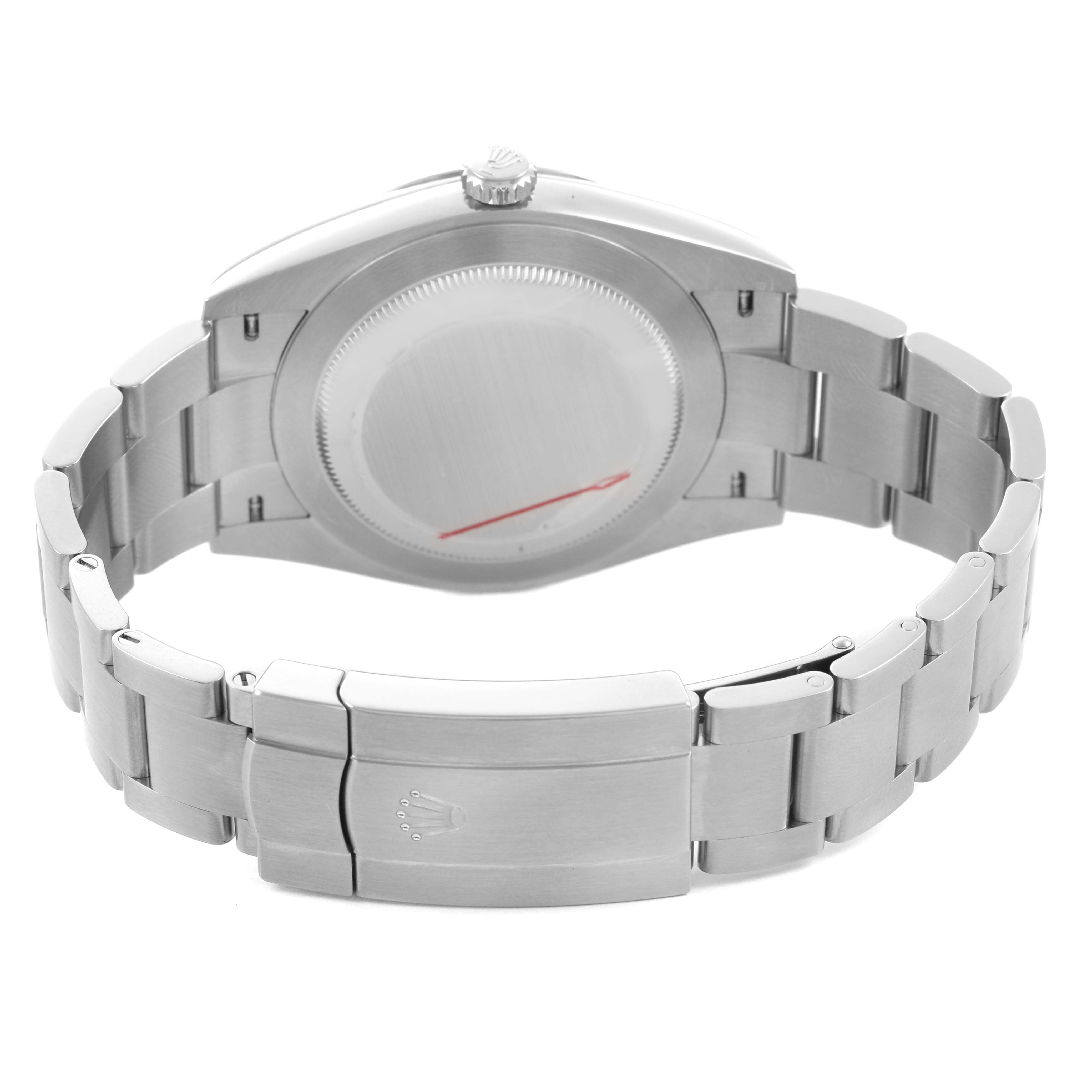 The image shows the back case and clasp of a Rolex Oyster Perpetual 124300 Men's Stainless Steel Silver Dial watch, viewed from a rear angle.