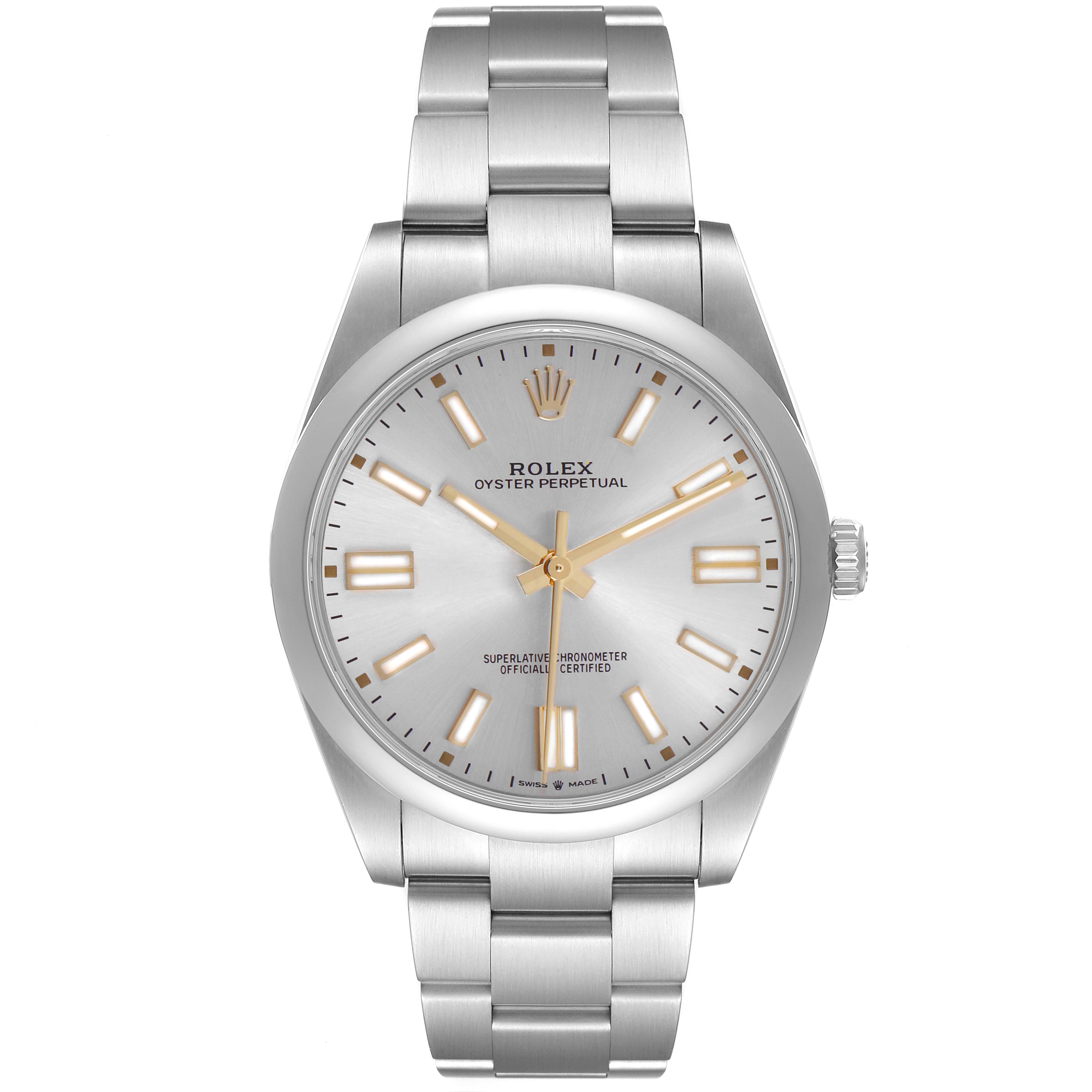 The Rolex Oyster Perpetual 124300 Men's Stainless Steel Silver Dial watch is shown from a straight-on angle, displaying the dial, bracelet, and crown.