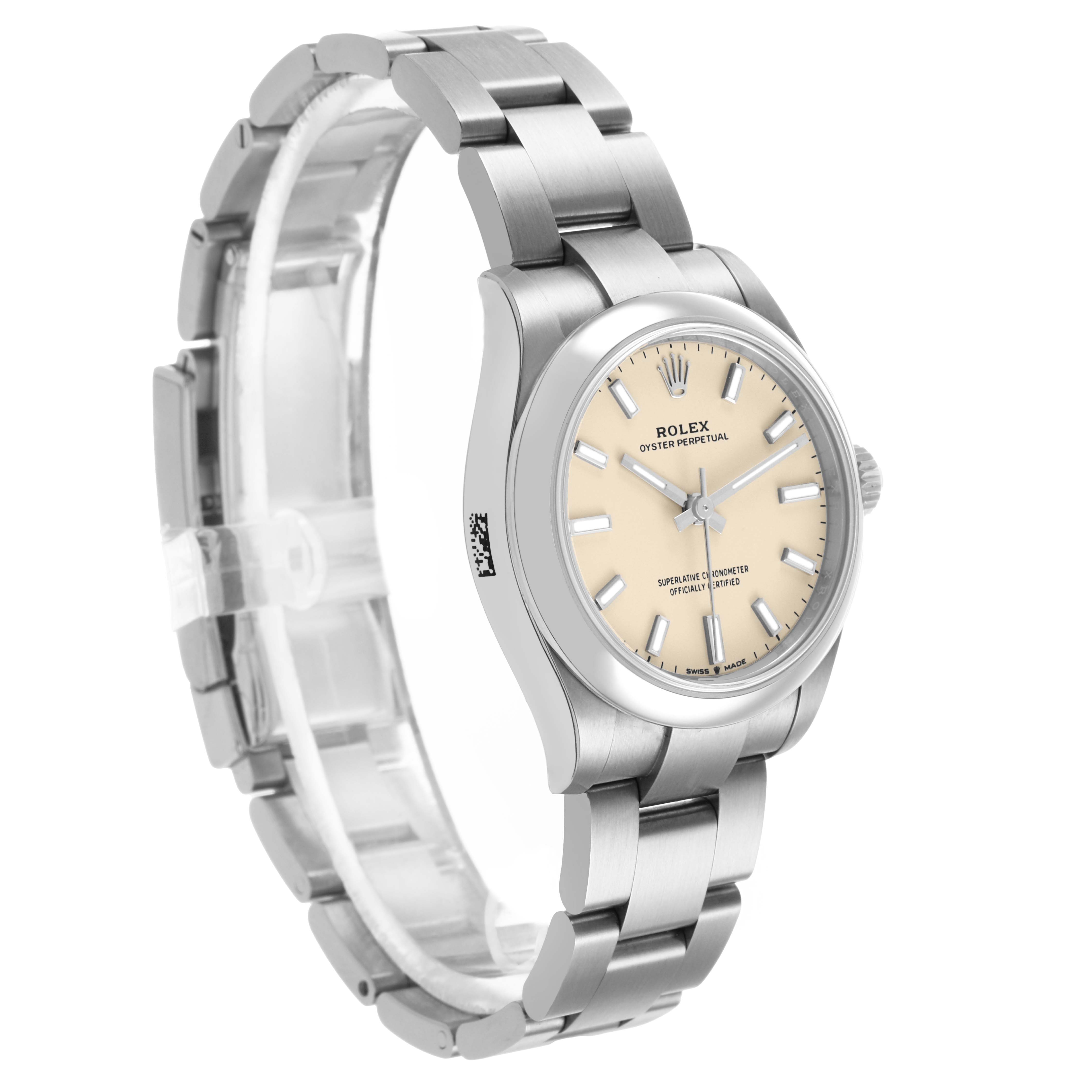 The Rolex Mid-Size 277200 Women's Stainless Steel Beige Dial watch is presented at a three-quarter angle, showing the bracelet, bezel, dial, and crown.