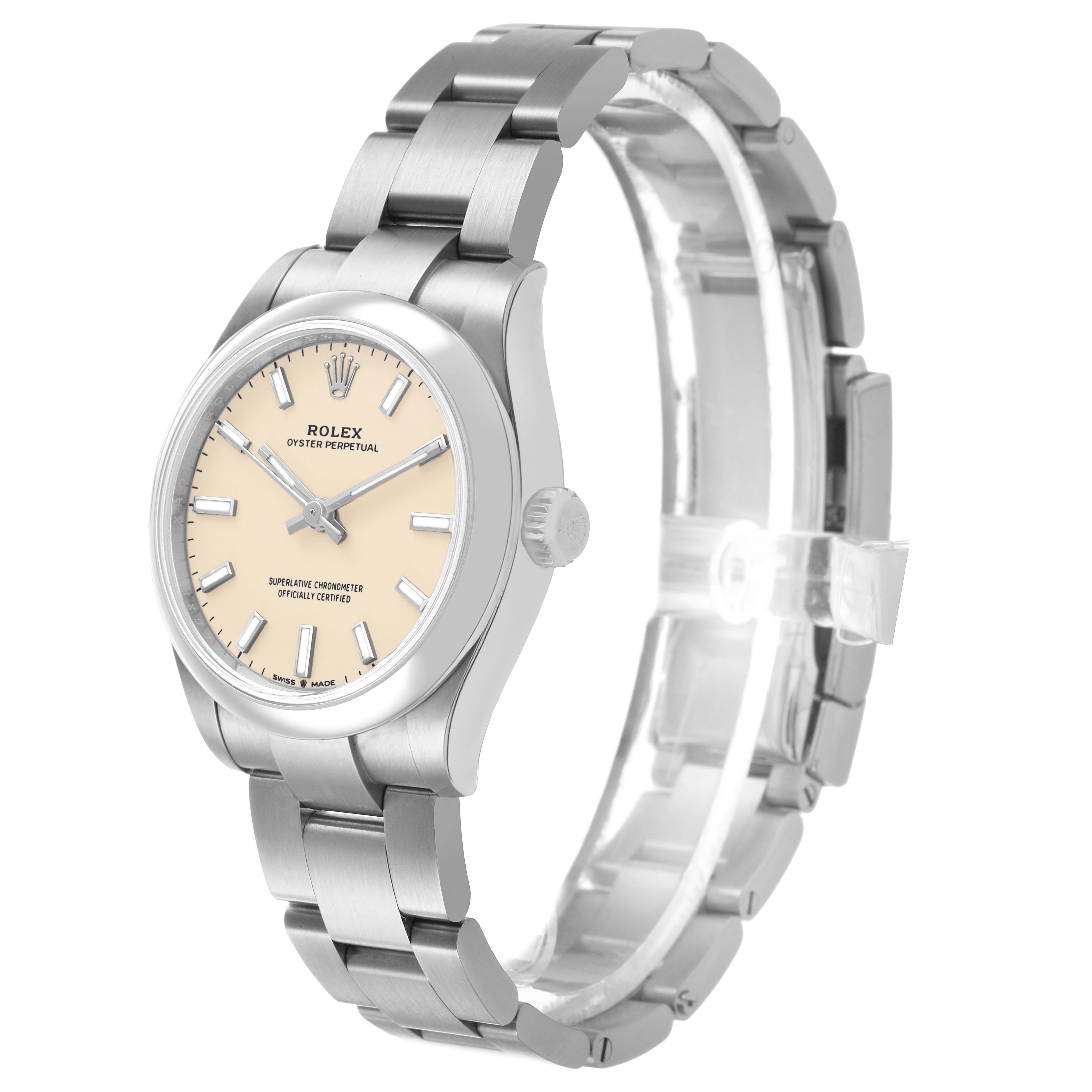 The Rolex Mid-Size 277200 Women's Stainless Steel Beige Dial watch is shown at a three-quarter angle, displaying the dial, bezel, and bracelet.