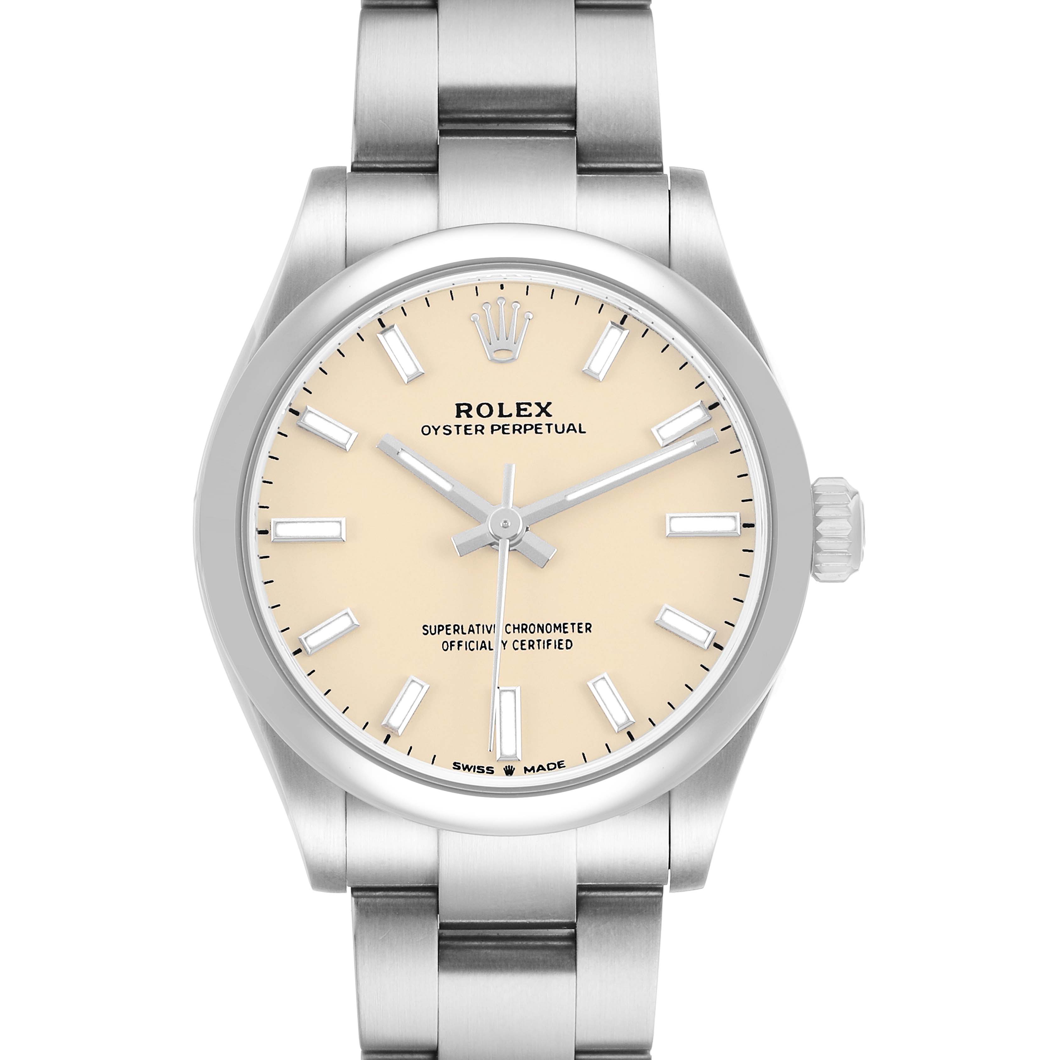 The Rolex Mid-Size 277200 Women's Stainless Steel Beige Dial model is shown from a front angle, featuring the face, dial, and bracelet.