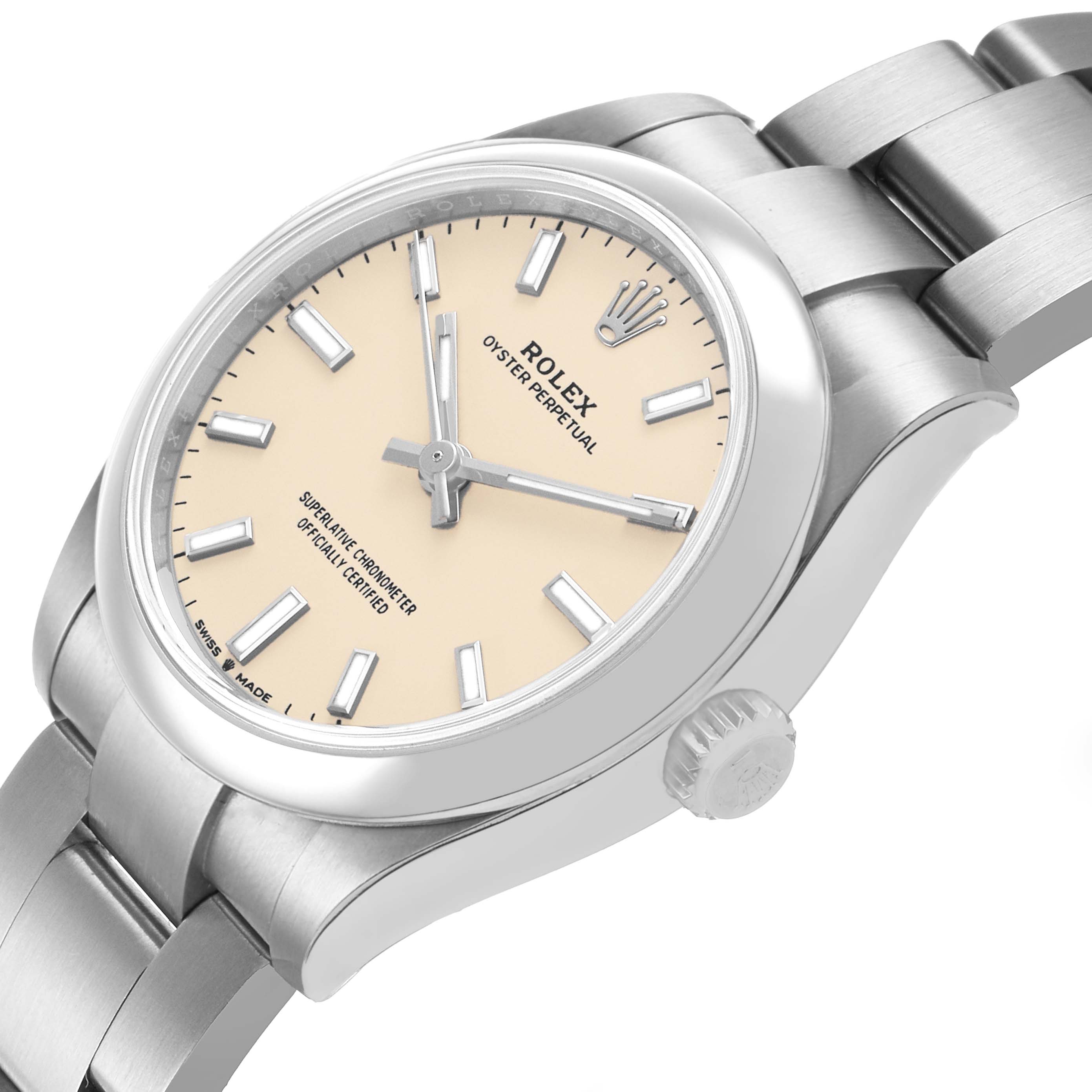 The Rolex Mid-Size 277200 Women's Stainless Steel Beige Dial watch is shown at an angle displaying the dial, bezel, crown, and part of the bracelet.