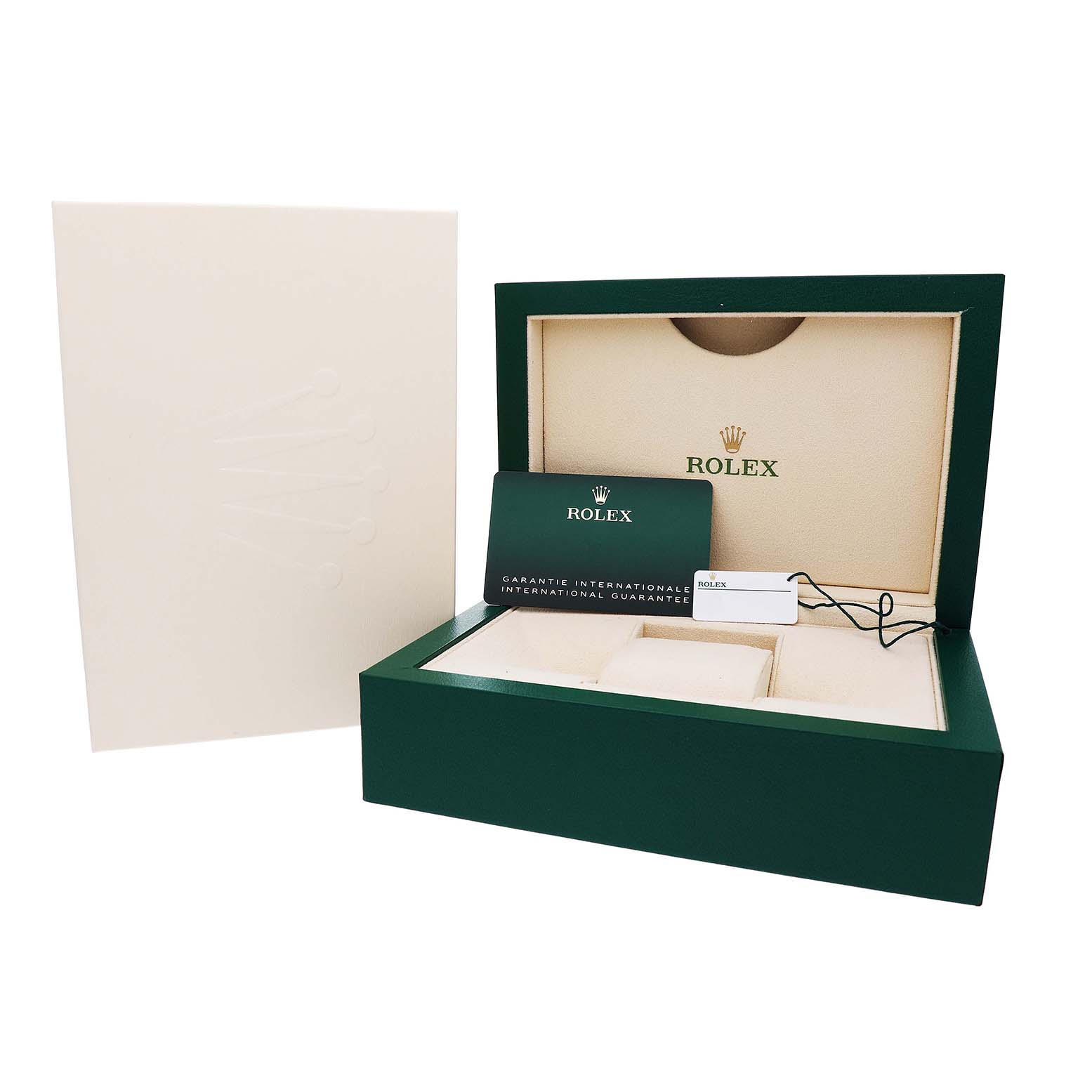The image shows the packaging and accessories for a Rolex Mid-Size 277200 Women's Stainless Steel Beige Dial watch, including a green box, warranty card, and tag.