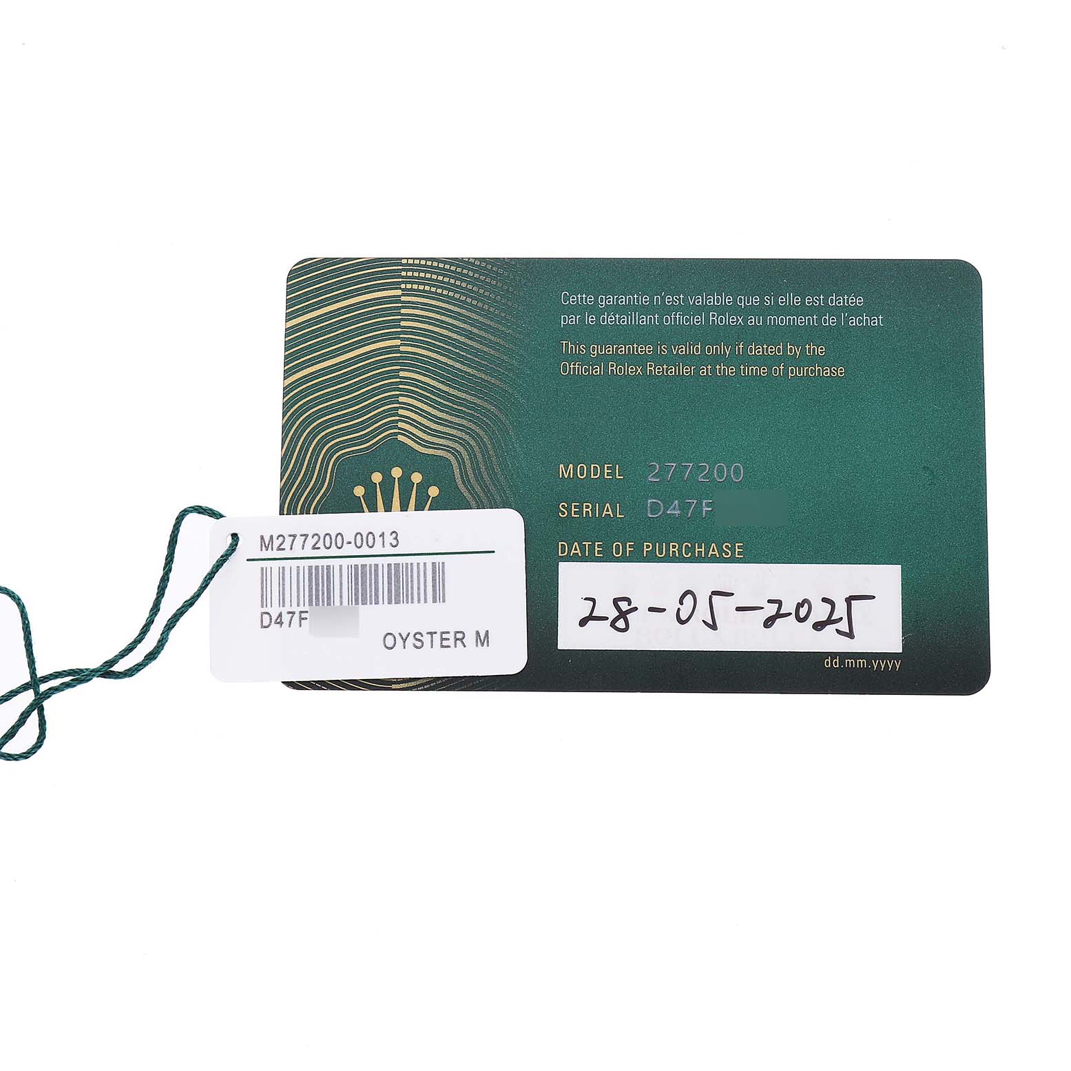 The image shows a Rolex Mid-Size 277200 Women's Stainless Steel Beige Dial model warranty card, model number M277200, with serial details and purchase date.