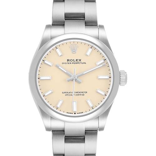 The Rolex Mid-Size 277200 Women's Stainless Steel Beige Dial watch is shown from a front view, highlighting the dial, hands, markers, bezel, and part of the bracelet.