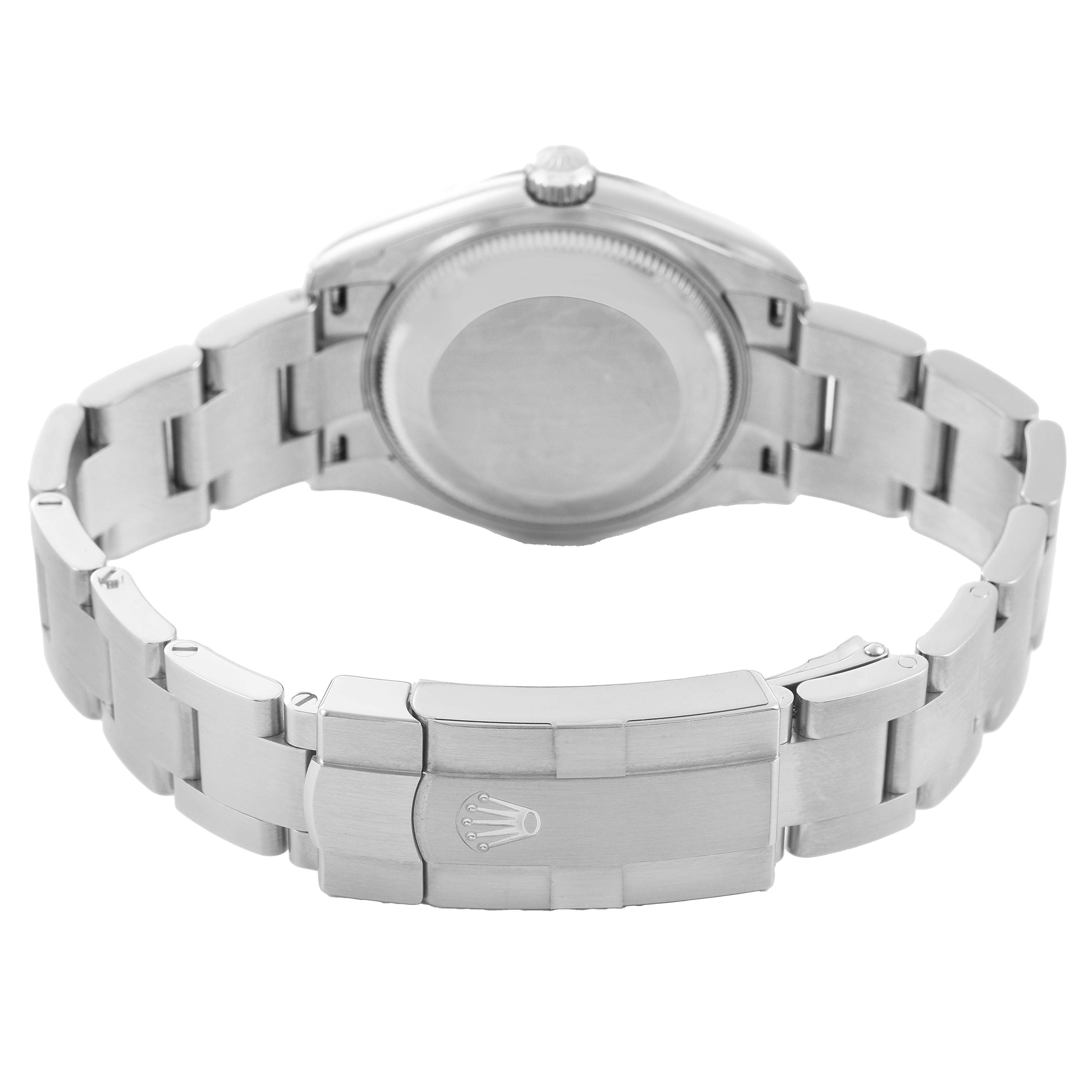 The image shows the back view of a Rolex Mid-Size 277200 Women's Stainless Steel Beige Dial watch, highlighting the stainless steel bracelet and clasp with the logo.