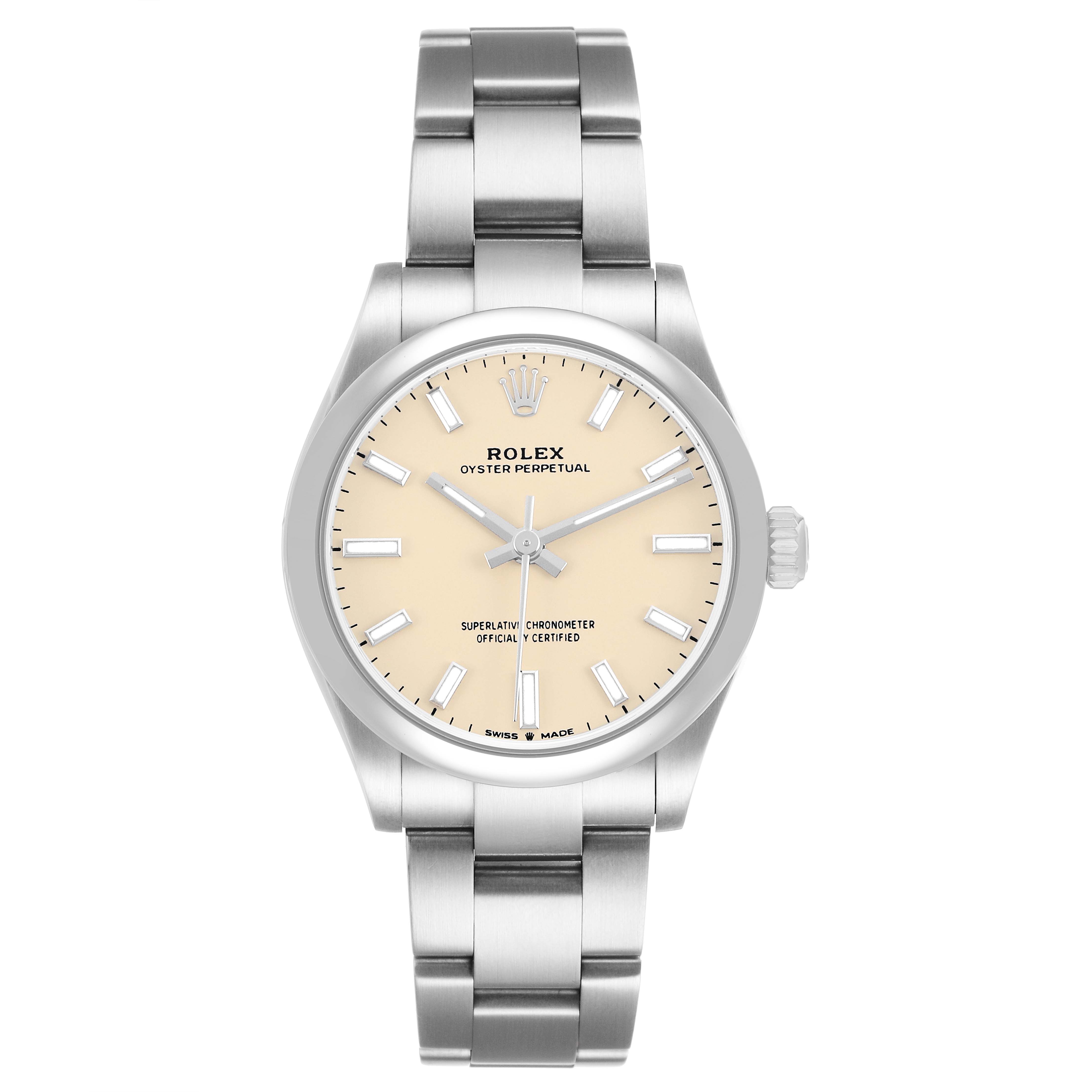 The Rolex Mid-Size 277200 Women's Stainless Steel Beige Dial watch is shown from a front angle, displaying the dial, bezel, case, crown, and bracelet.