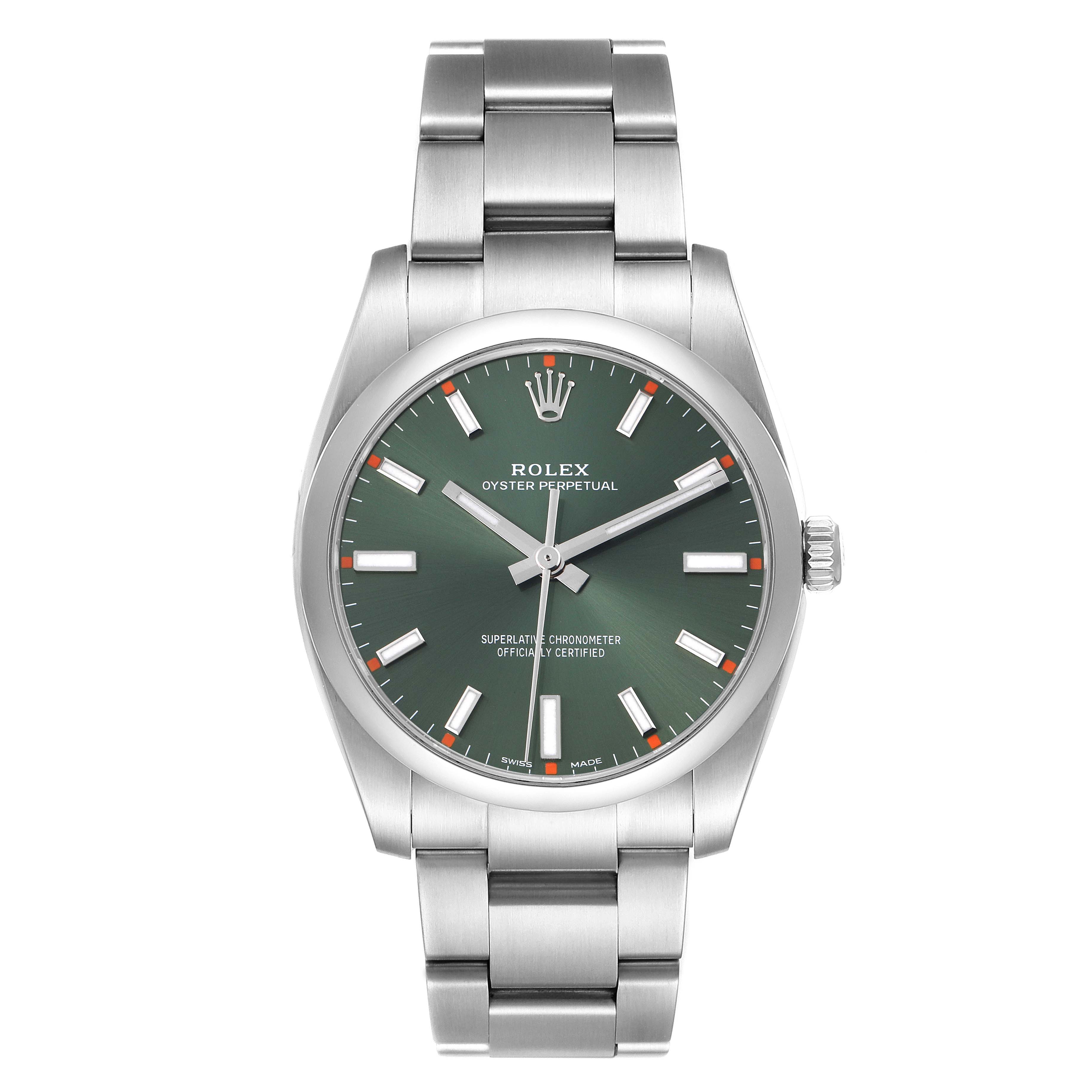 The Rolex Oyster Perpetual model 114200 watch is shown from a straight-on angle, highlighting its green dial, hour markers, hands, and stainless steel bracelet.