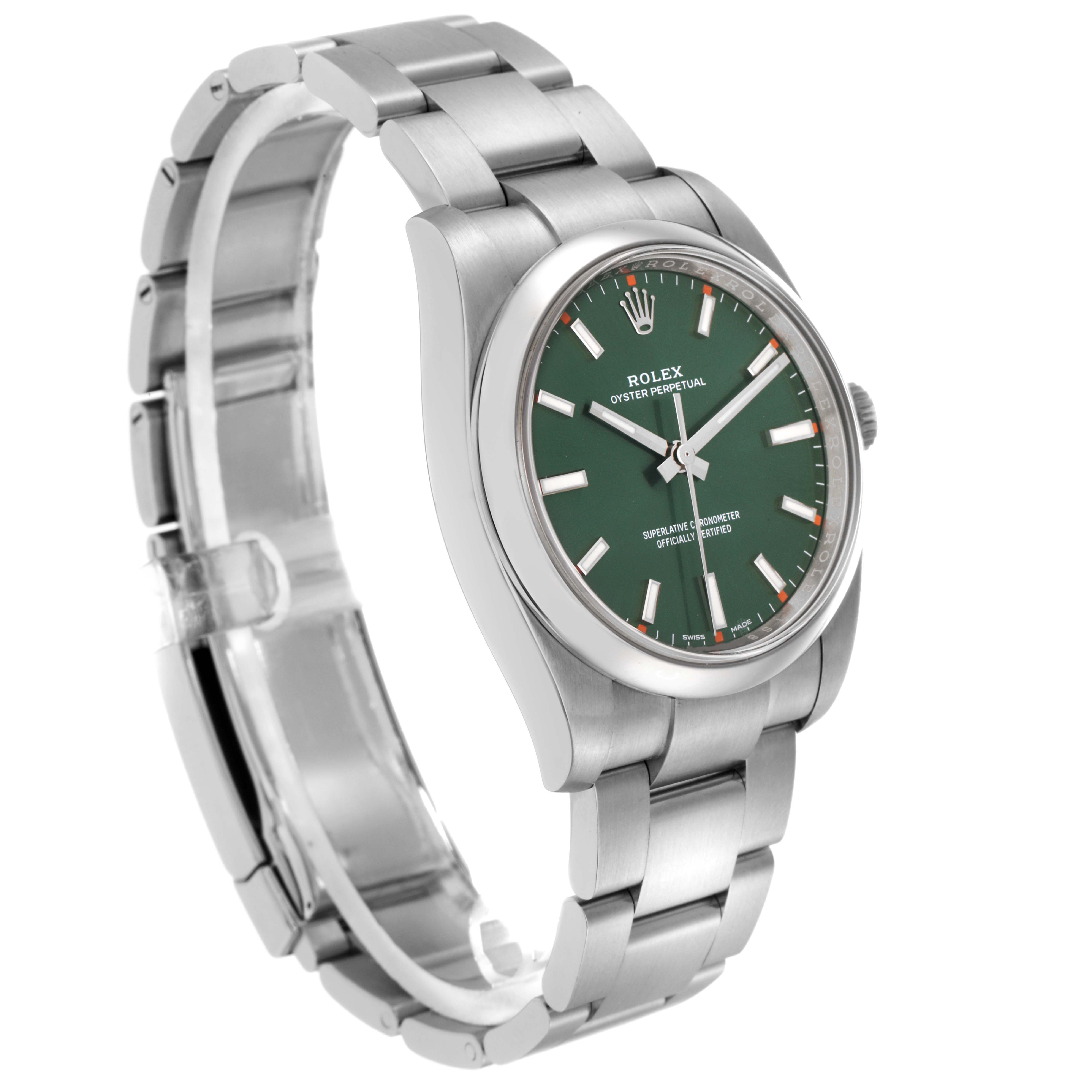 The Rolex Oyster Perpetual model 114200 is shown at a three-quarter angle, displaying the watch face, bezel, crown, and part of the bracelet.