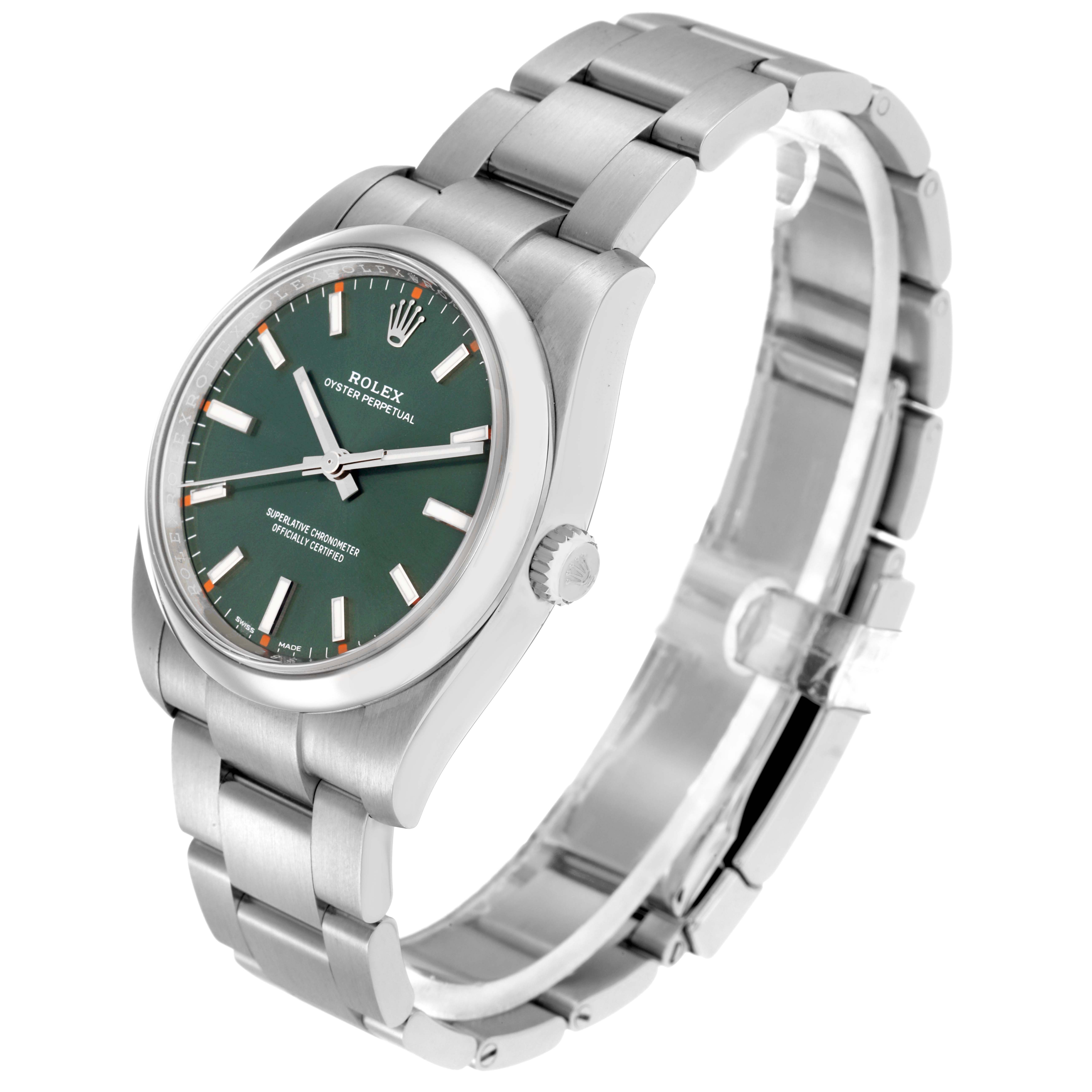 The Rolex Oyster Perpetual model 114200 is shown at a three-quarter angle, displaying the watch face, bezel, crown, and part of the bracelet.