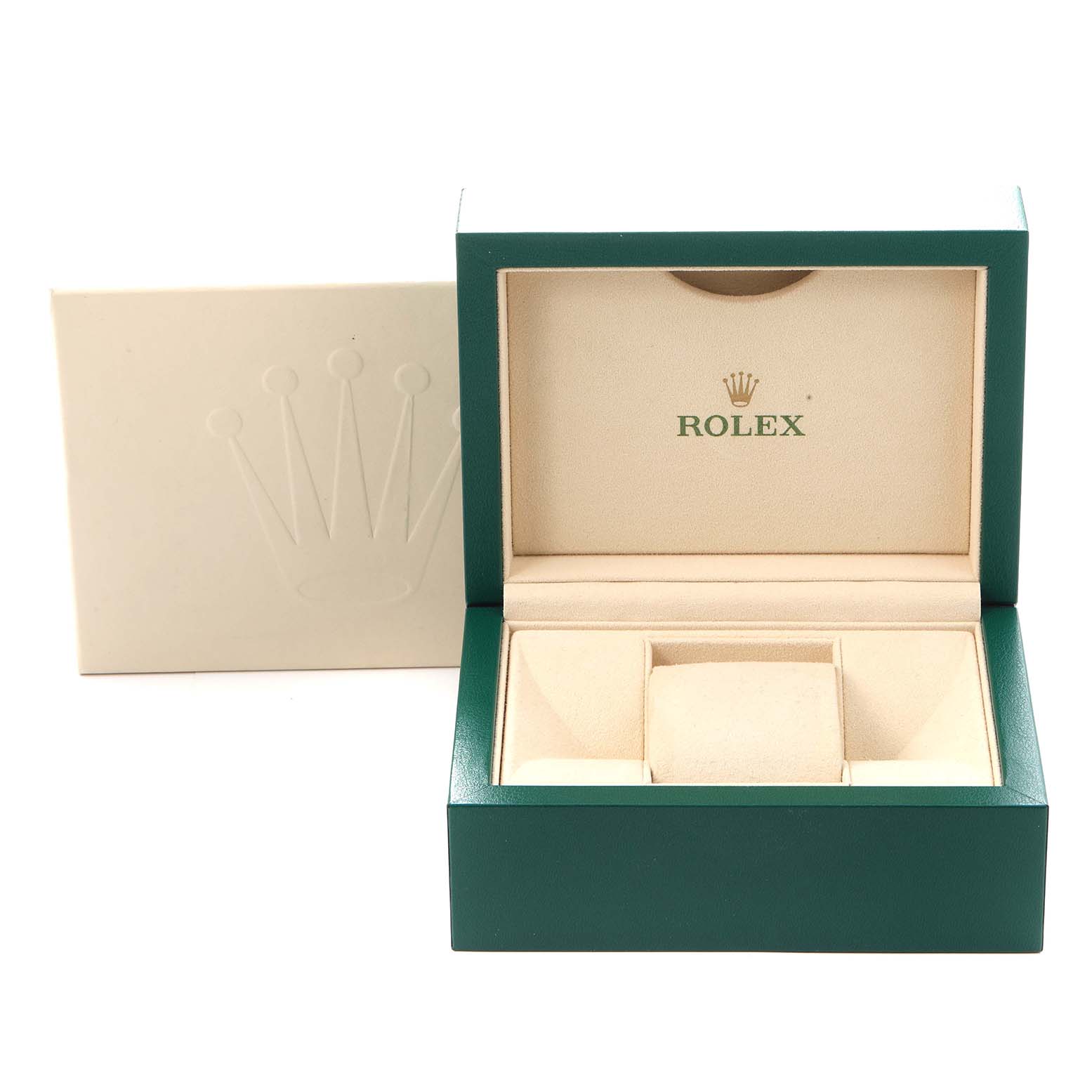 The image shows an open green and beige Rolex watch box for the Oyster Perpetual model 114200, with the logo visible inside.