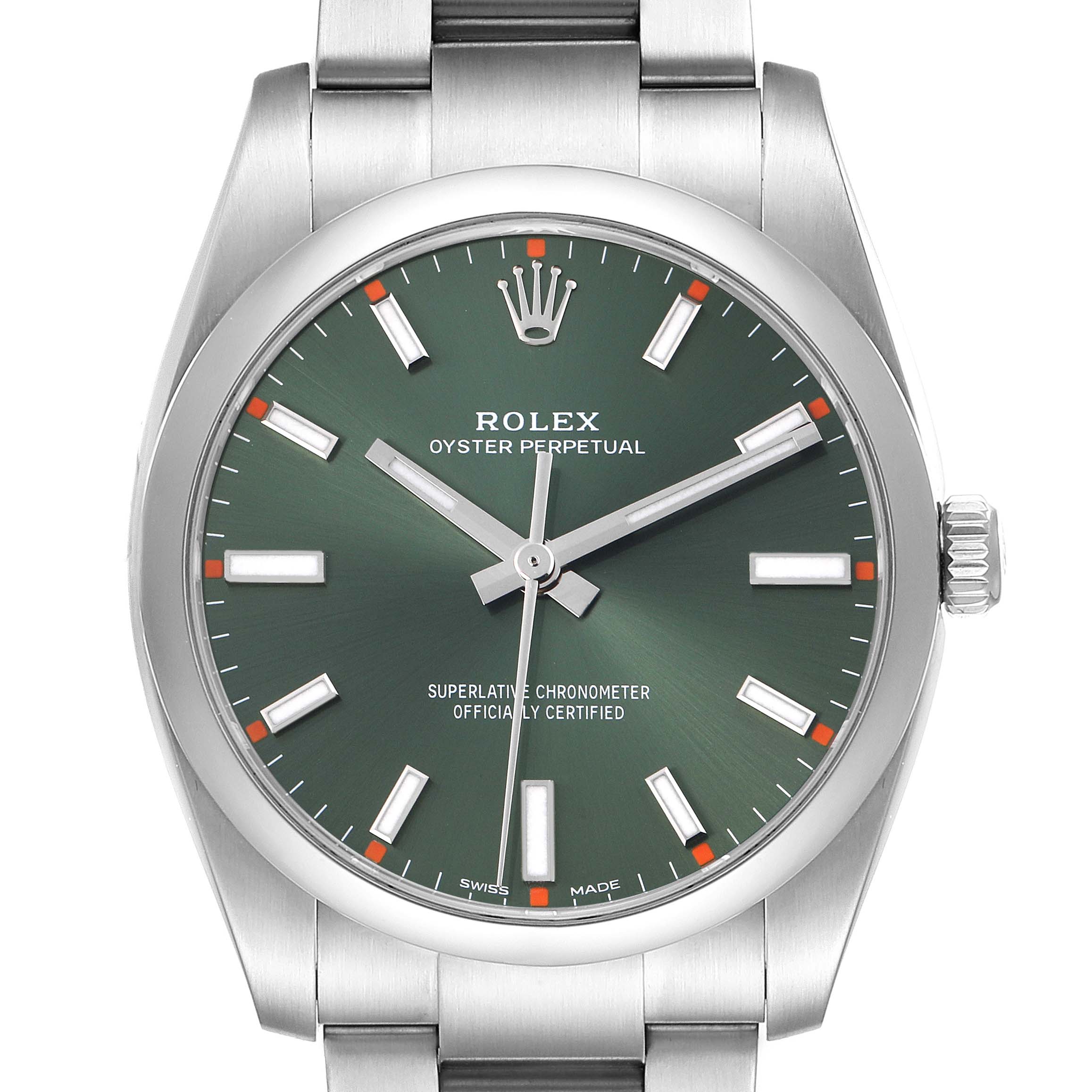 The image shows a frontal view of the Rolex Oyster Perpetual model 114200, highlighting the dial, hour markers, hands, bezel, and part of the bracelet.