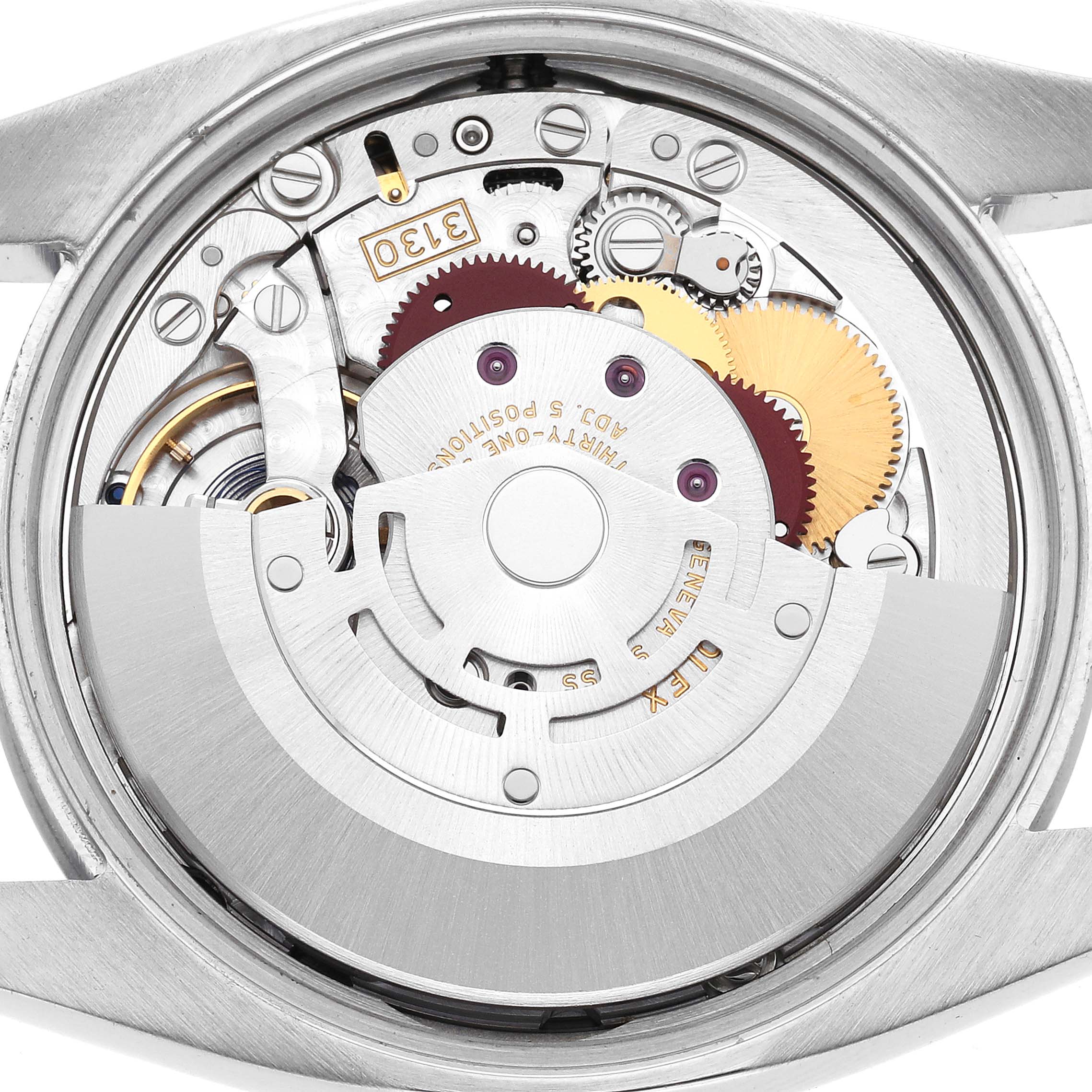 The image shows the movement of a Rolex Oyster Perpetual model, number 114200, viewed from the back with visible gears and rotor.