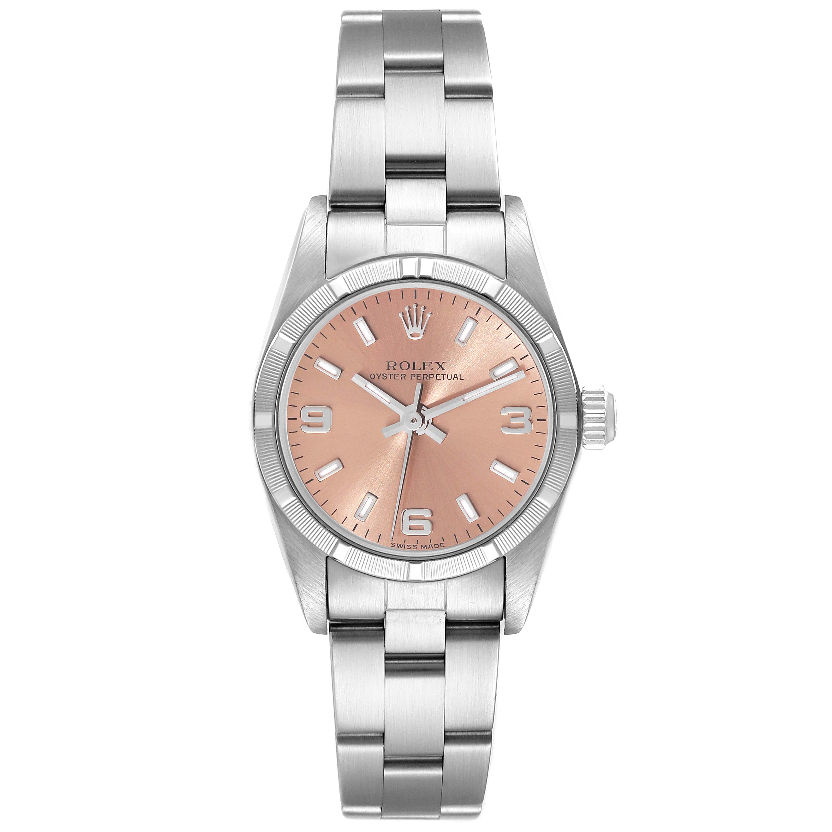 This image shows a front view of a Rolex Oyster Perpetual 76030 Women's Stainless Steel Pink Dial 76030 Women's Stainless Steel Pink Dial watch with a pink dial and stainless steel bracelet.