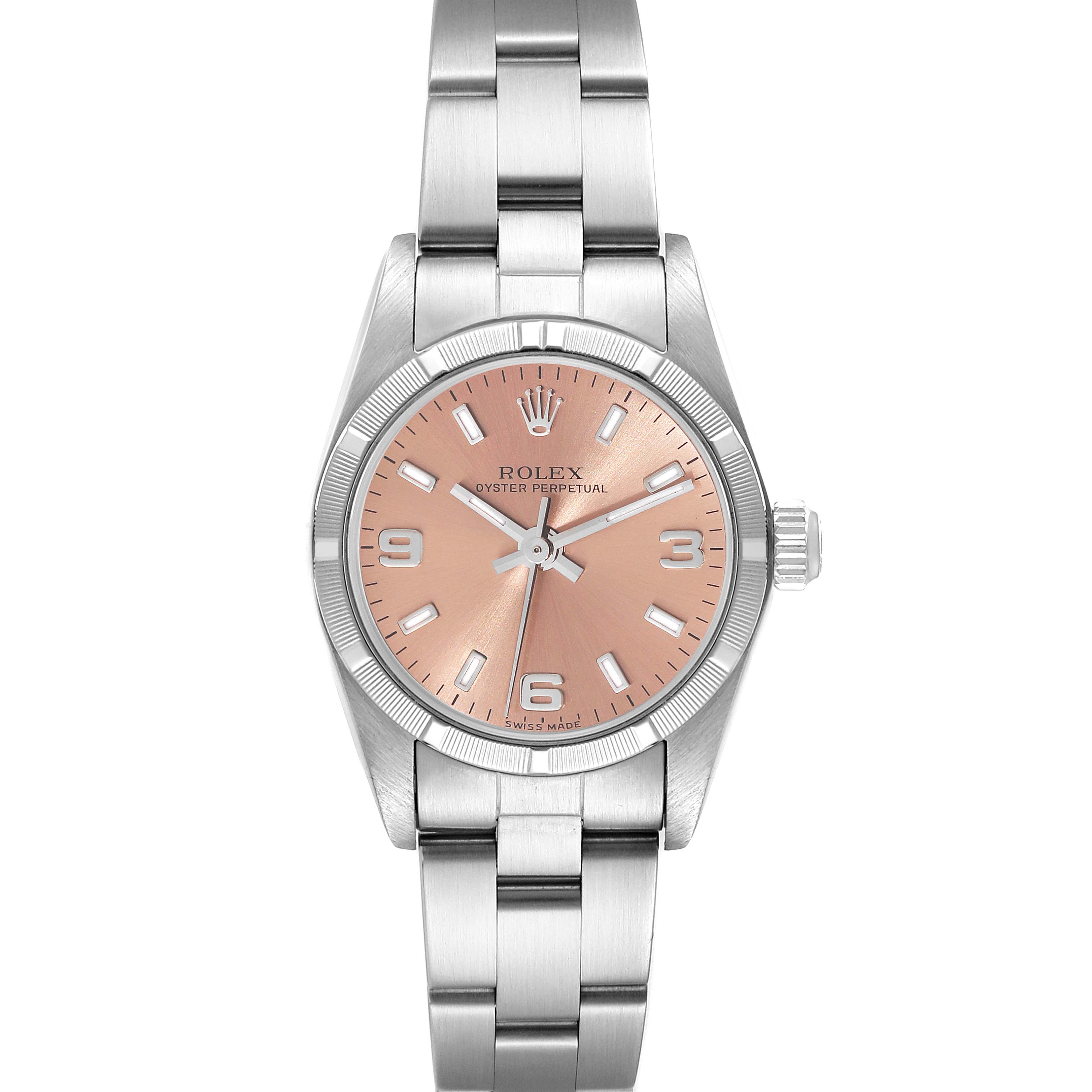 The image shows a frontal view of a Rolex Oyster Perpetual 76030 Women's Stainless Steel Pink Dial 76030 Women's Stainless Steel Pink Dial watch with a pink dial and stainless steel bracelet.