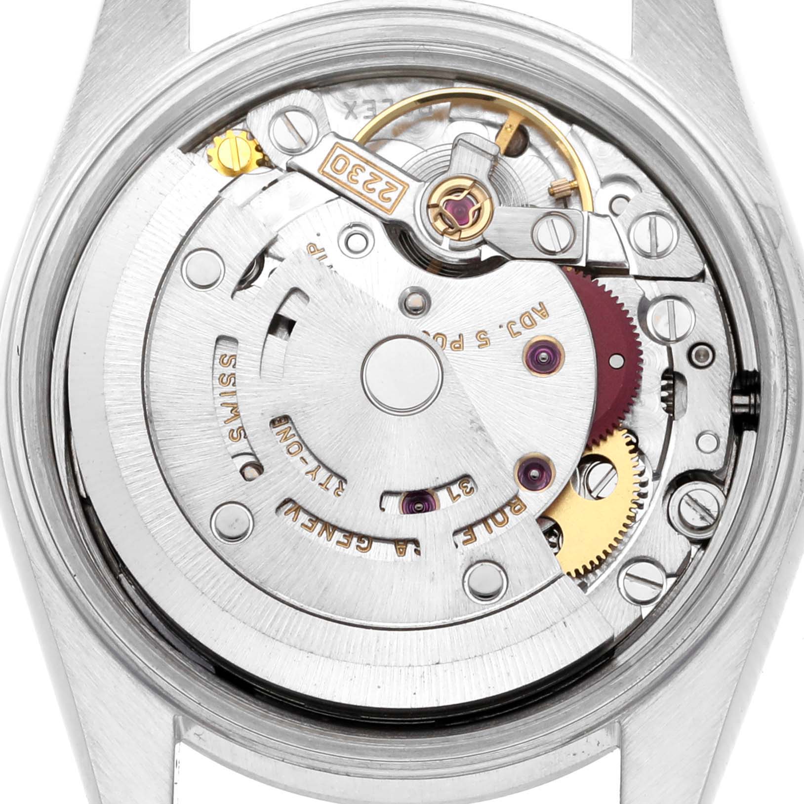 The image shows a close-up view of the movement and internal mechanism of a Rolex Oyster Perpetual 76030 Women's Stainless Steel Pink Dial 76030 Women's Stainless Steel Pink Dial watch.