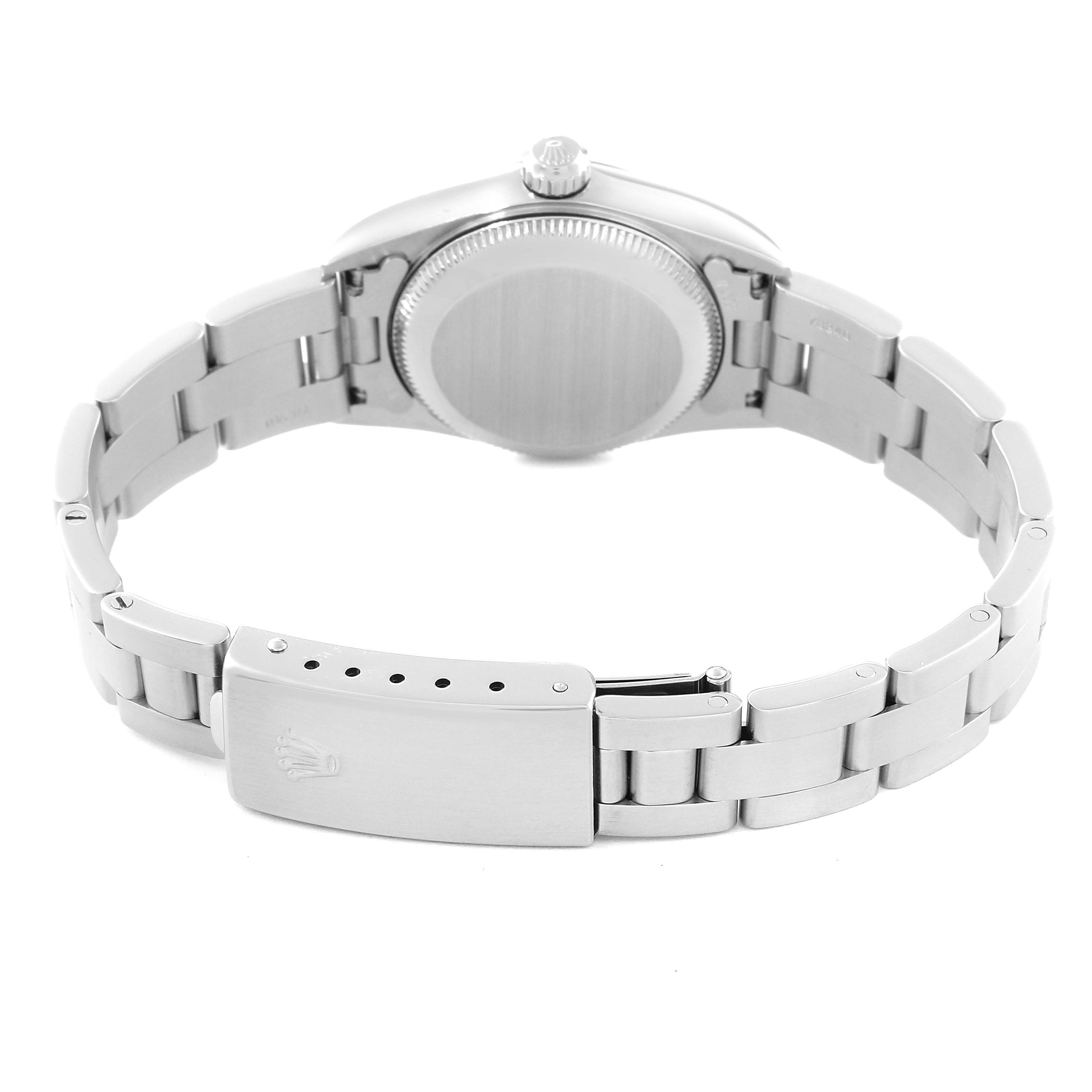 The image shows the rear view of the case back and bracelet of a Rolex Oyster Perpetual 76030 Women's Stainless Steel Pink Dial 76030 Women's Stainless Steel Pink Dial watch.