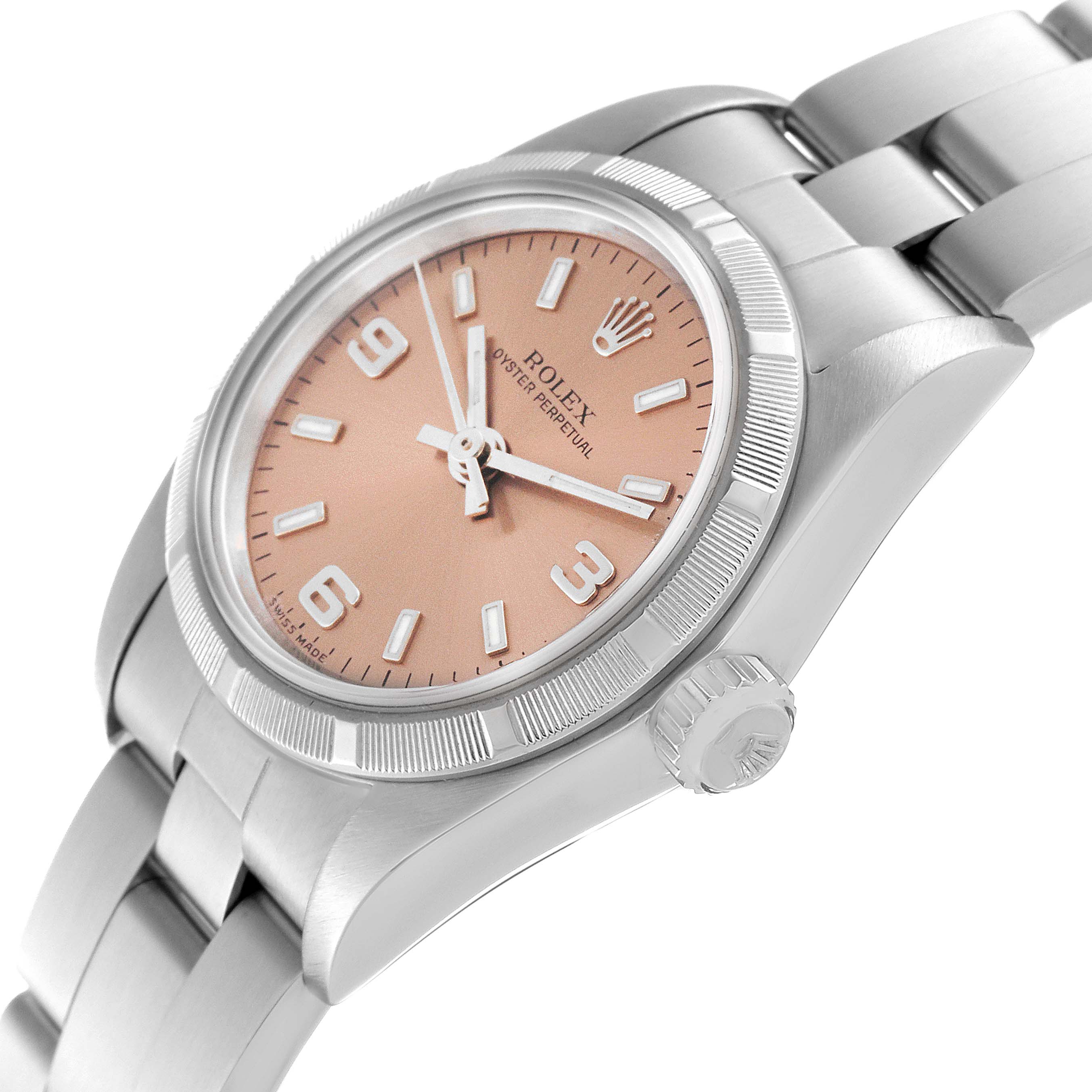 This image shows a Rolex Oyster Perpetual 76030 Women's Stainless Steel Pink Dial 76030 Women's Stainless Steel Pink Dial watch angled from the front and slightly to the right, highlighting the crown and bracelet.