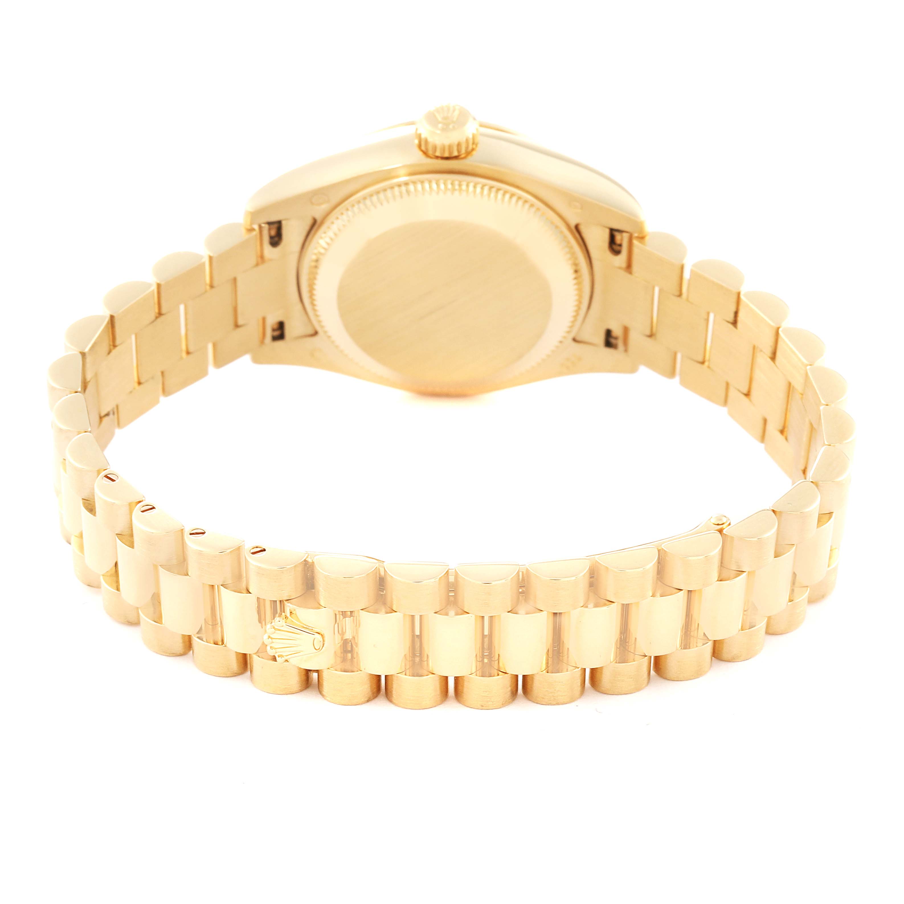 This image shows the back case and bracelet of a Rolex President 179178 Women's Yellow Gold Champagne Dial 179178 Women's Yellow Gold Champagne Dial model watch, photographed from a rear angle.