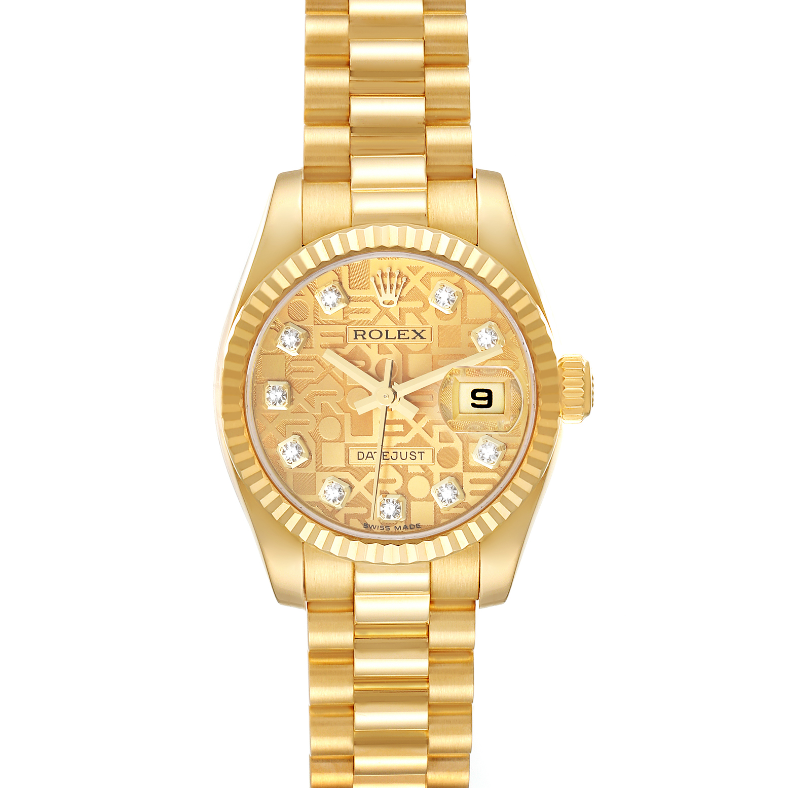 The image shows a front view of a Rolex President 179178 Women's Yellow Gold Champagne Dial 179178 Women's Yellow Gold Champagne Dial model watch, including its gold bracelet, bezel, and dial with date display.