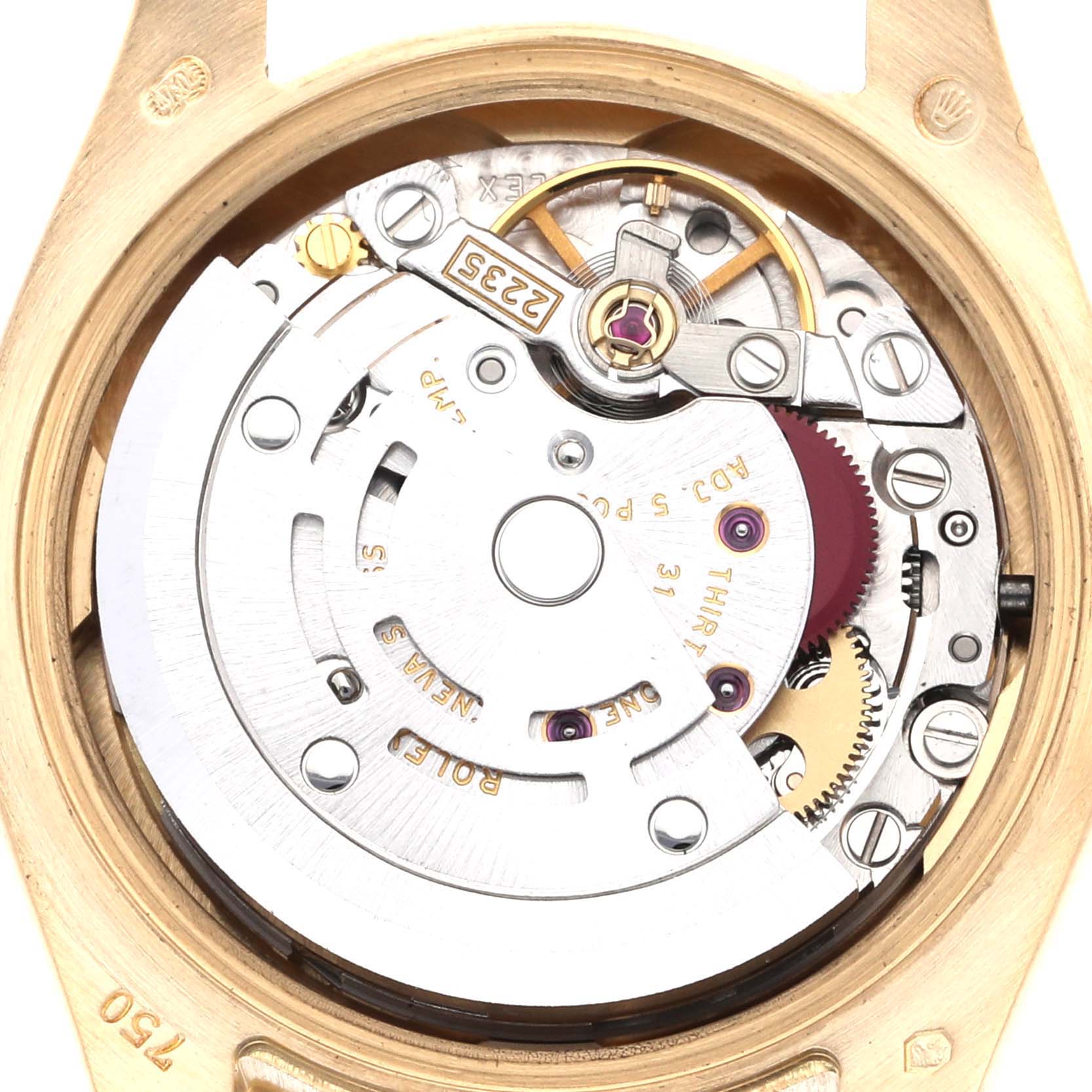 This image shows the internal mechanism of a Rolex President 179178 Women's Yellow Gold Champagne Dial 179178 Women's Yellow Gold Champagne Dial model watch, viewed from the back.