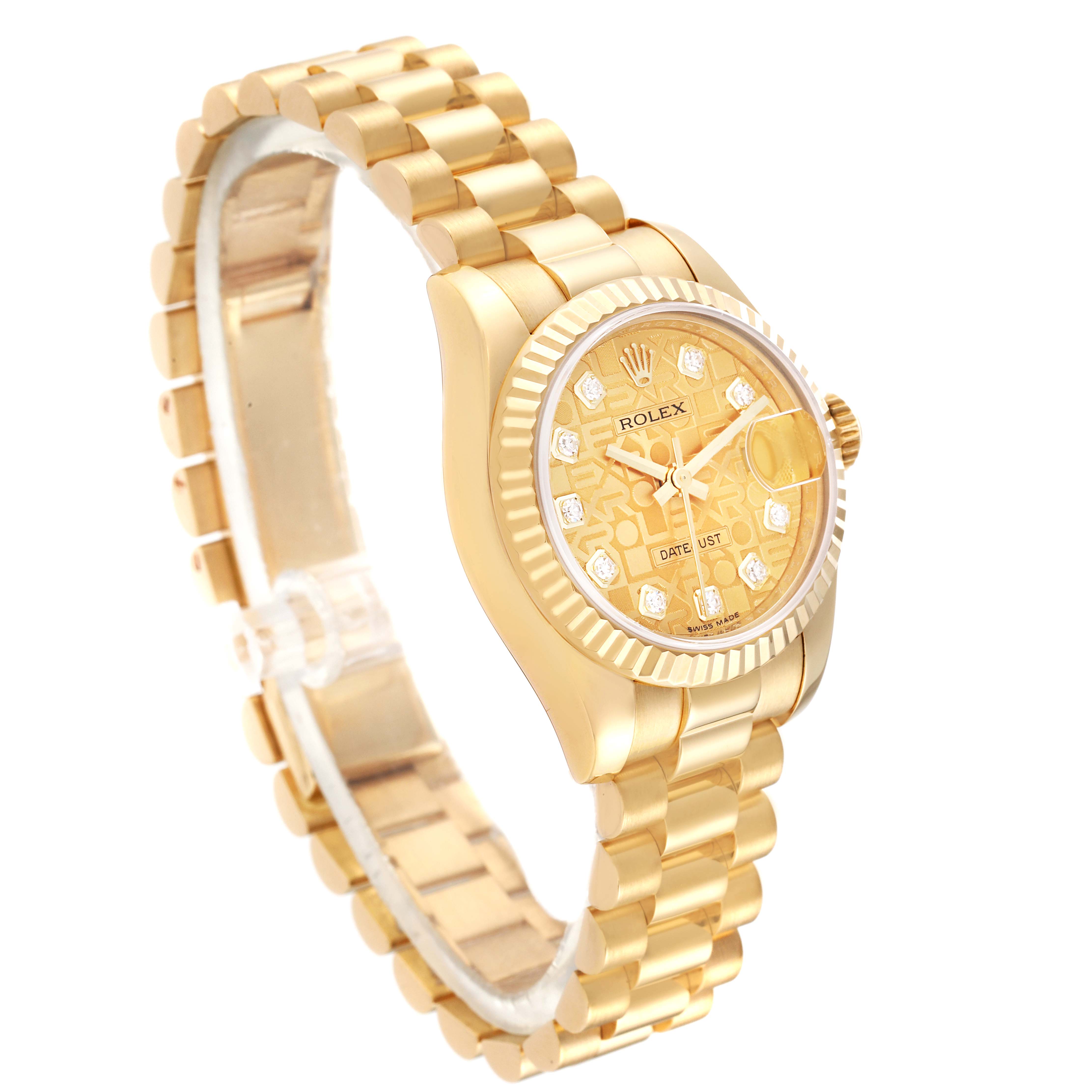The image shows a side angle of a gold Rolex President 179178 Women's Yellow Gold Champagne Dial 179178 Women's Yellow Gold Champagne Dial model watch, highlighting its band, face, and crown.
