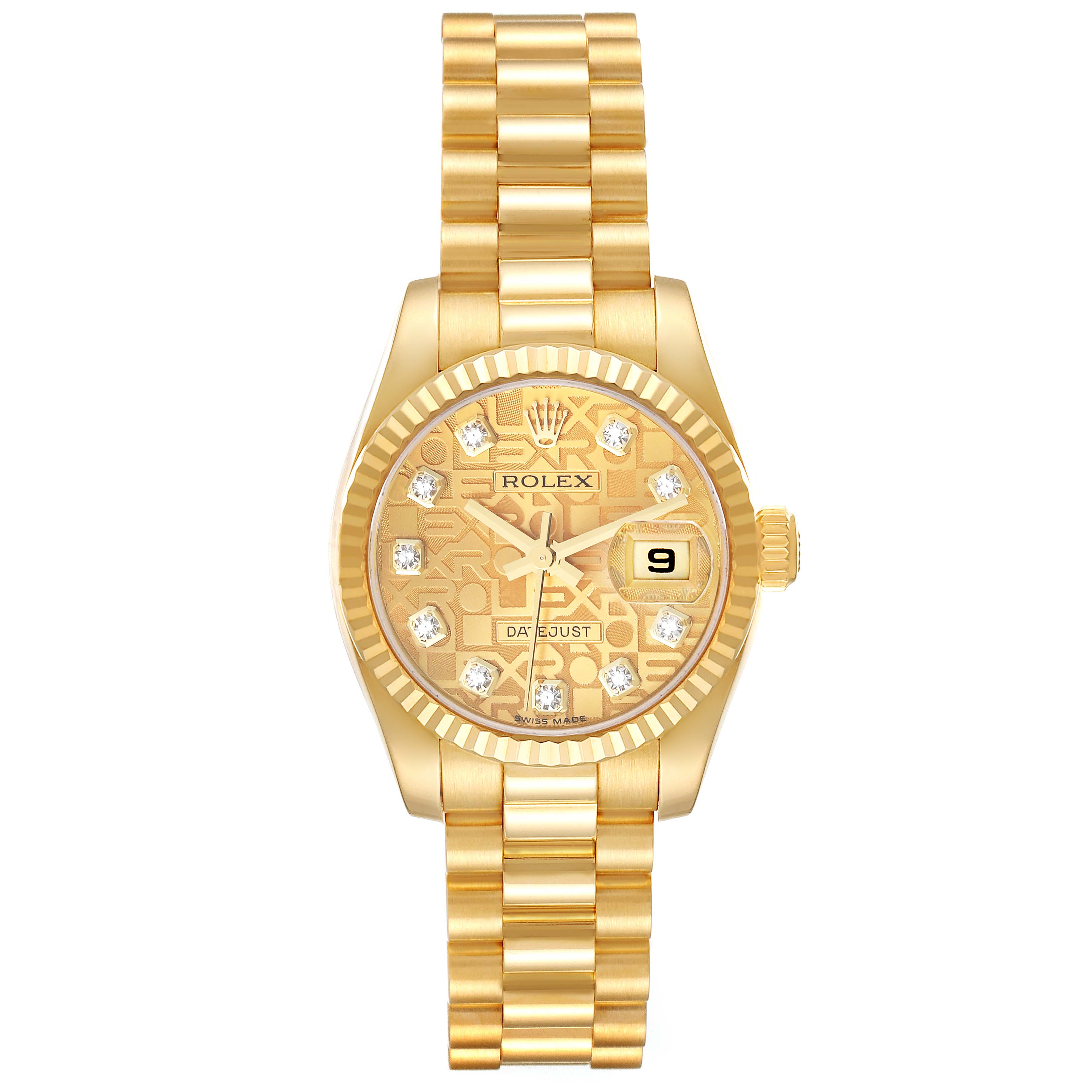 The image shows a Rolex President 179178 Women's Yellow Gold Champagne Dial 179178 Women's Yellow Gold Champagne Dial watch in a flat, top-down view, highlighting its bracelet, case, dial, and date display.
