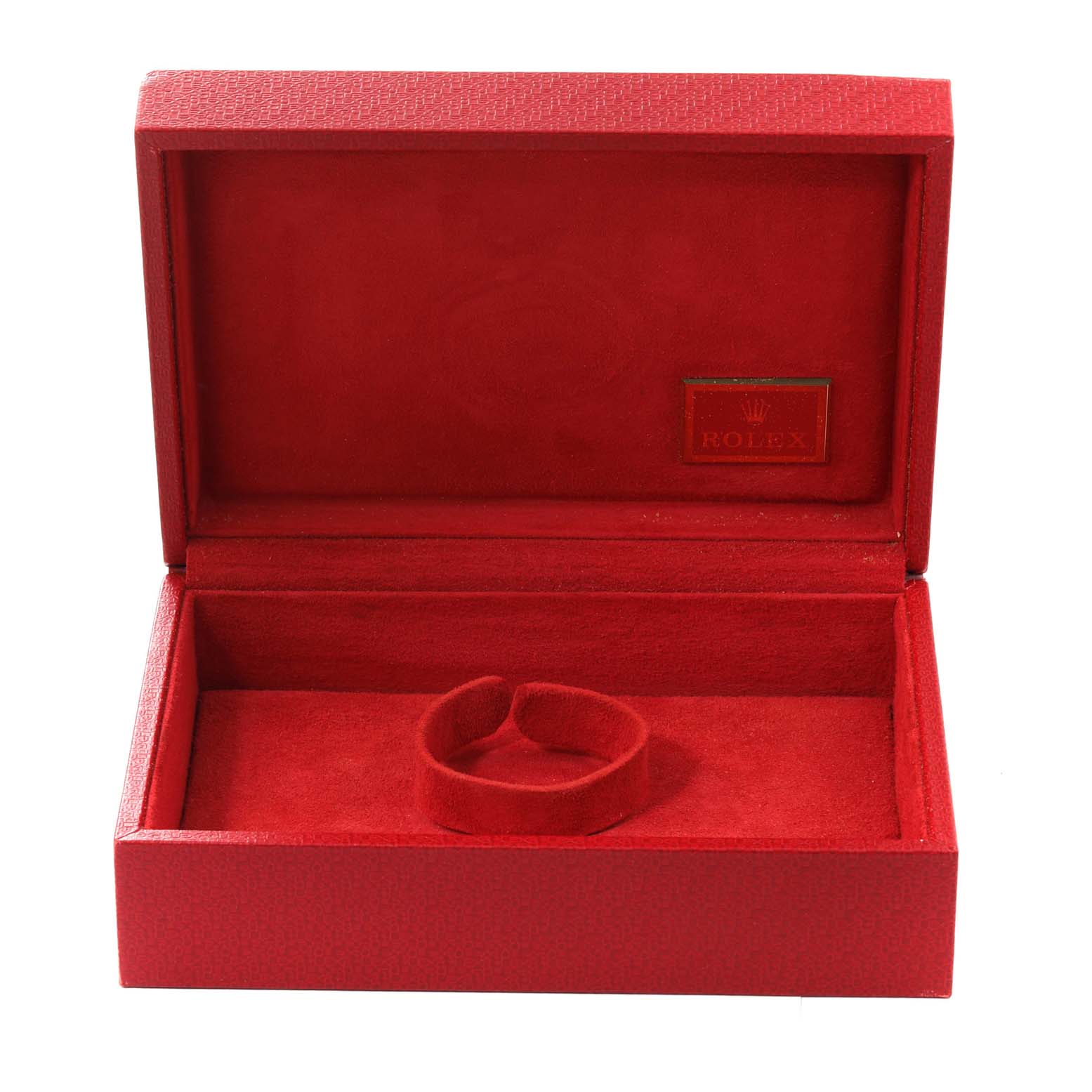 This image shows an open red Rolex President 179178 Women's Yellow Gold Champagne Dial 179178 Women's Yellow Gold Champagne Dial model watch box with the inner compartment and cushion visible.