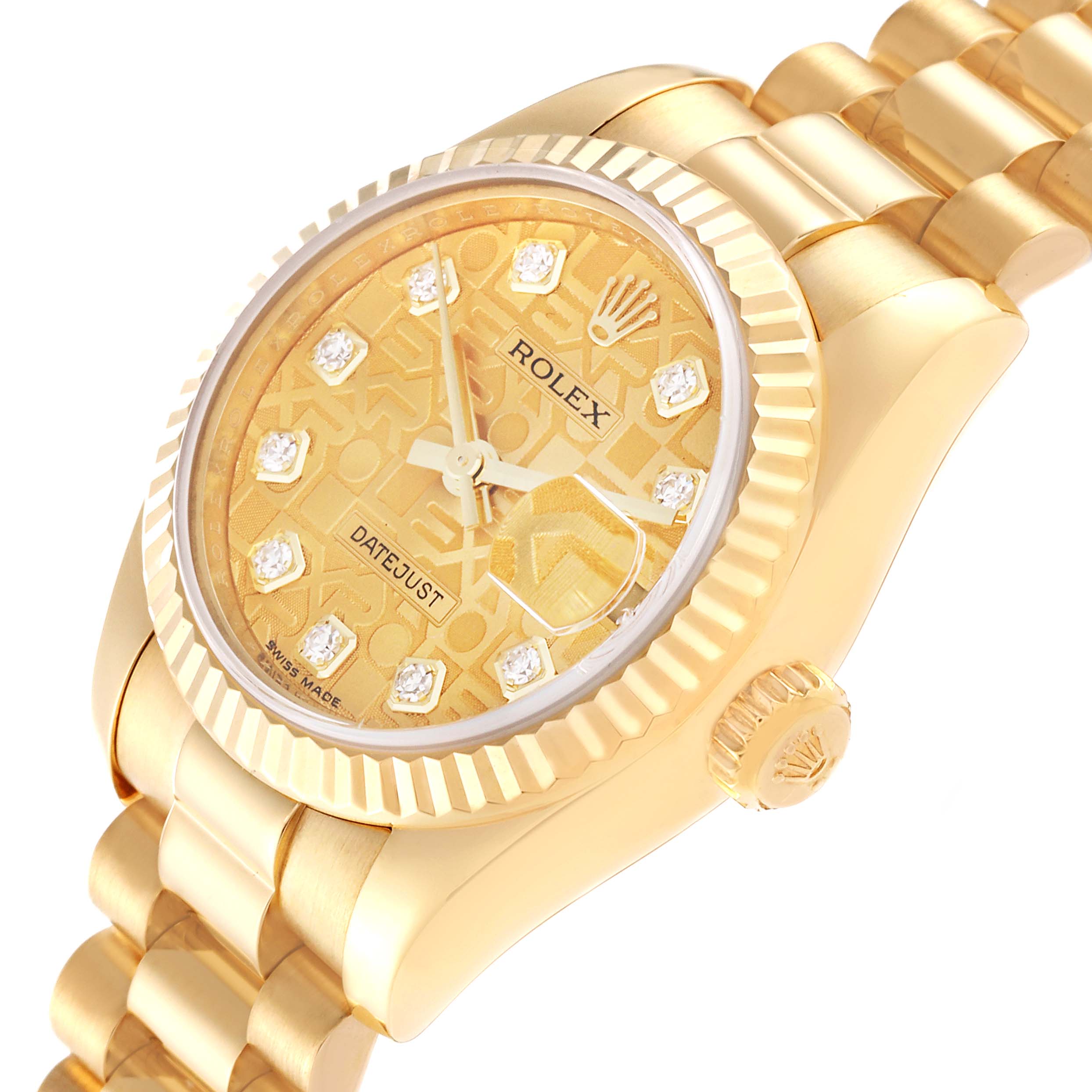 This image shows a close-up, angled view of the Rolex President 179178 Women's Yellow Gold Champagne Dial 179178 Women's Yellow Gold Champagne Dial model watch, highlighting the dial, bezel, crown, and bracelet.