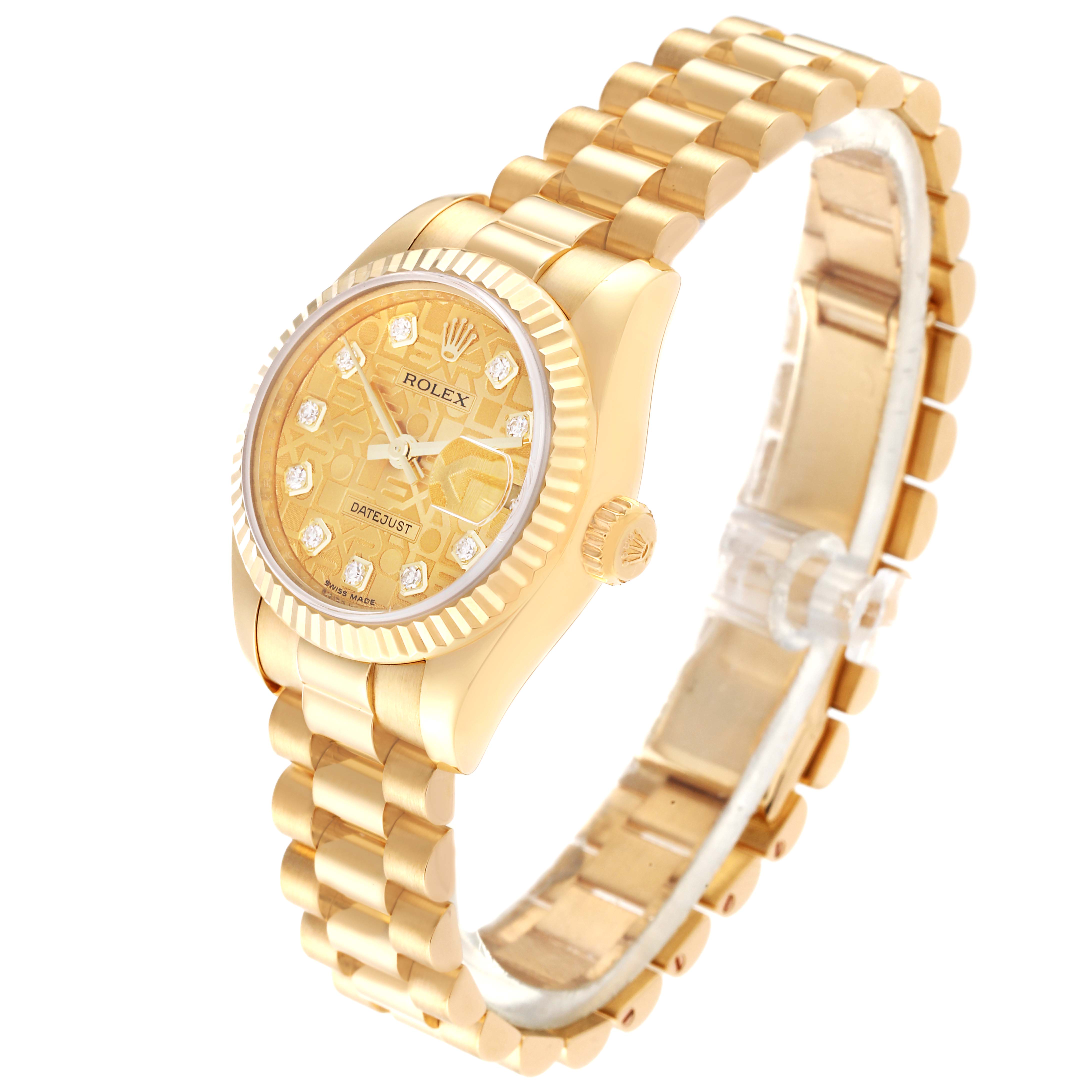 The image shows an angled view of a golden Rolex President 179178 Women's Yellow Gold Champagne Dial 179178 Women's Yellow Gold Champagne Dial model watch, highlighting the face, bezel, crown, and bracelet.