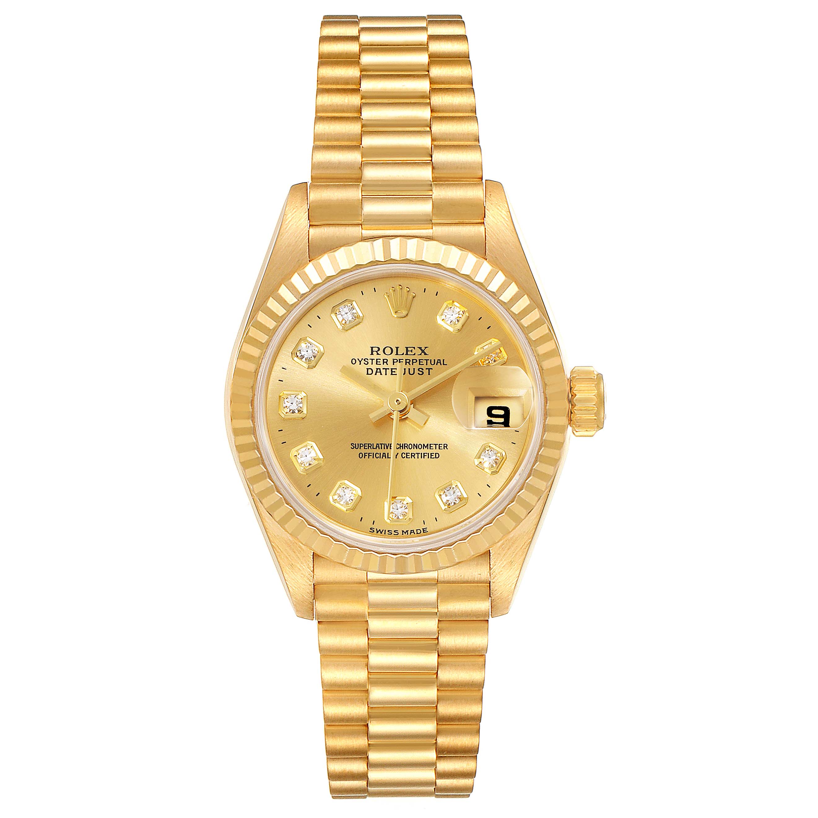 This image shows a front view of a Rolex President 69178 Women
s Yellow Gold Champagne Dial 69178 Women
s Yellow Gold Champagne Dial model watch, highlighting the dial, bracelet, and crown.