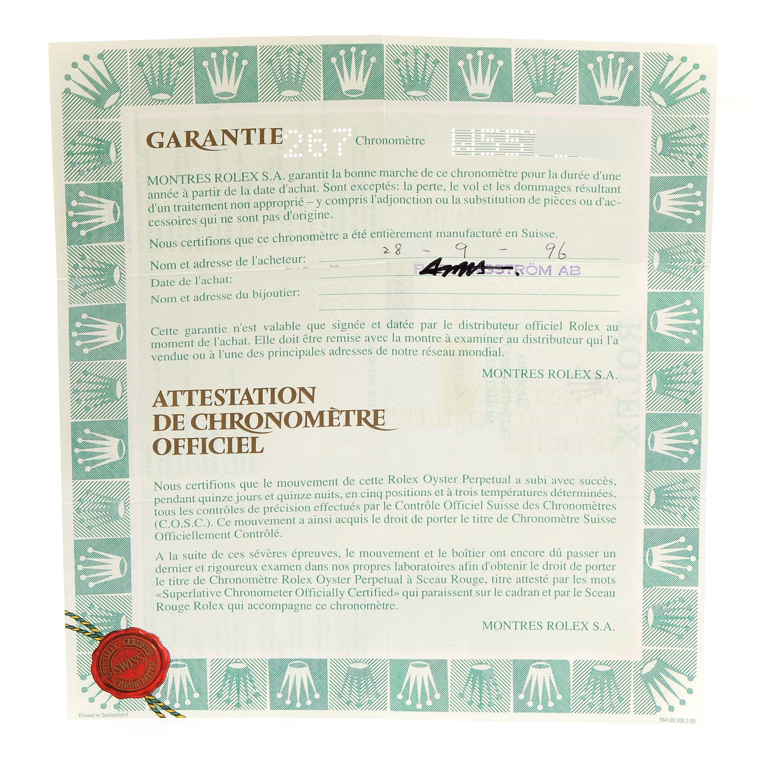 This image shows a guarantee certificate for the Rolex President 69178 Women
s Yellow Gold Champagne Dial 69178 Women
s Yellow Gold Champagne Dial model, featuring warranty and chronometer certification details.